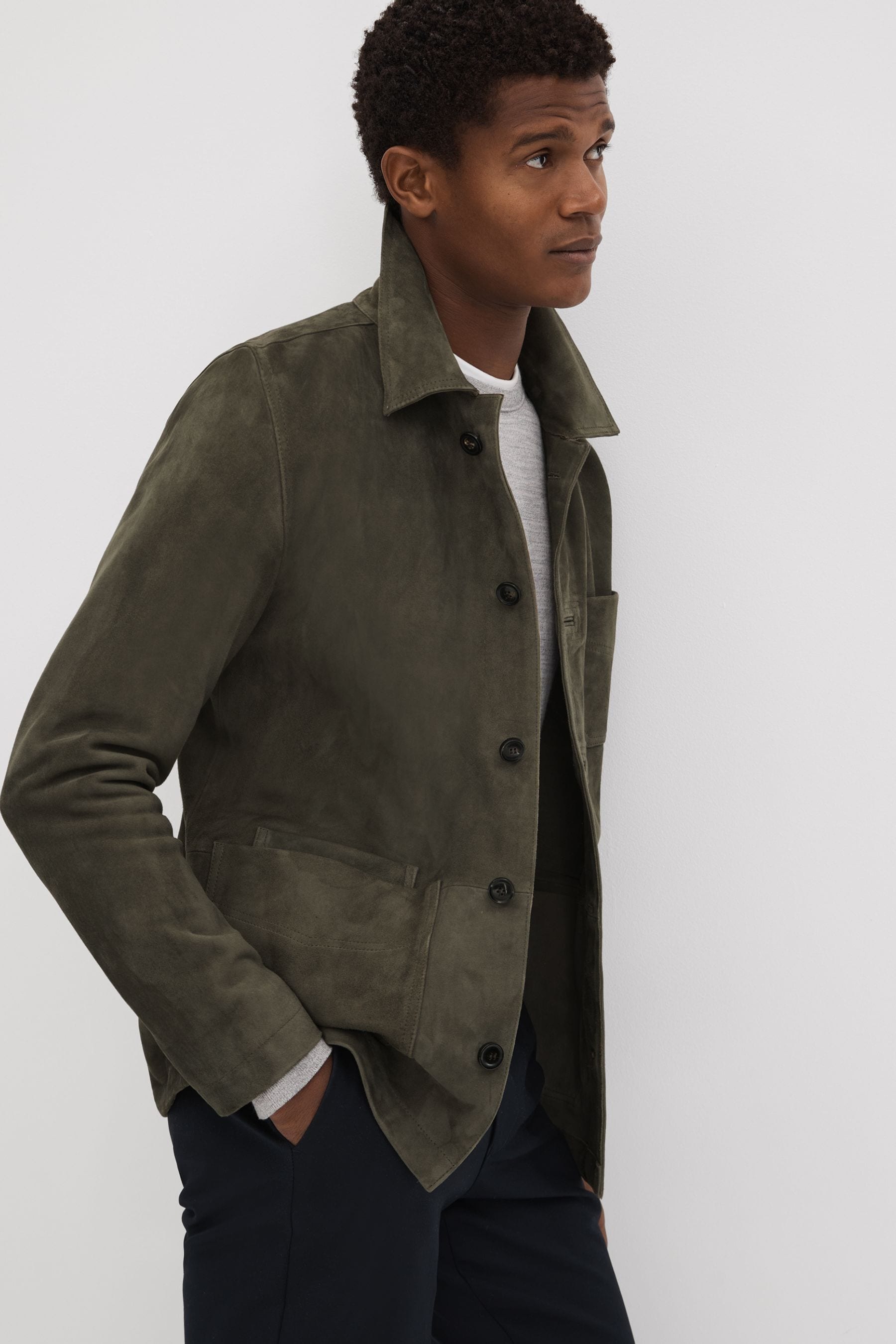 Buy Reiss Moss Green Roma Suede Button Through Jacket from the Next UK online shop
