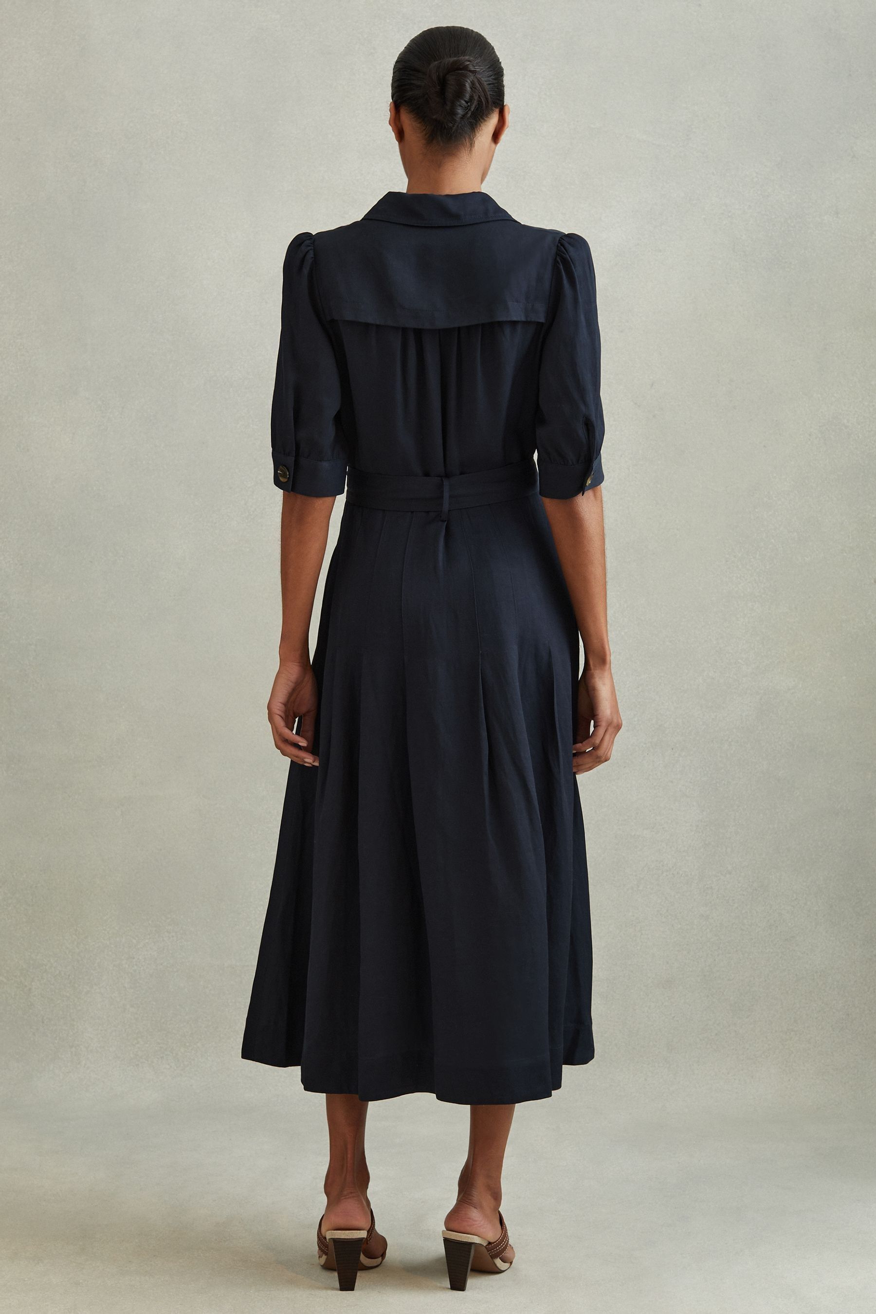 Buy Reiss Navy Malika Belted Cap Sleeve Midi Dress With Linen from the Next UK online shop