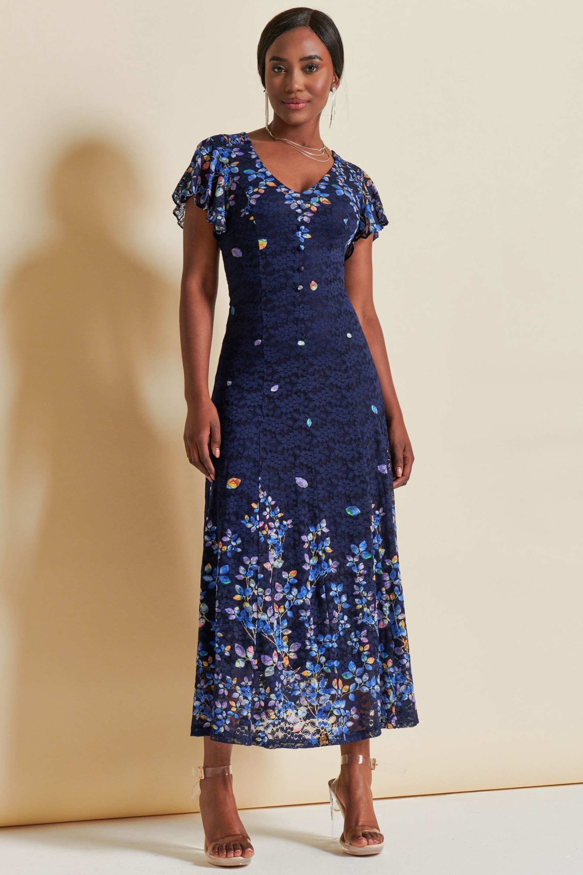 Jolie Moi Blue Mirrored Print Lace Maxi Dress - Image 5 of 7