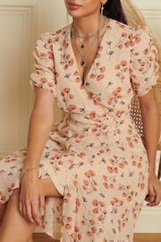Jolie Moi Nude Puff Sleeve Chiffon Wrap Midi Dress - Image 6 of 7