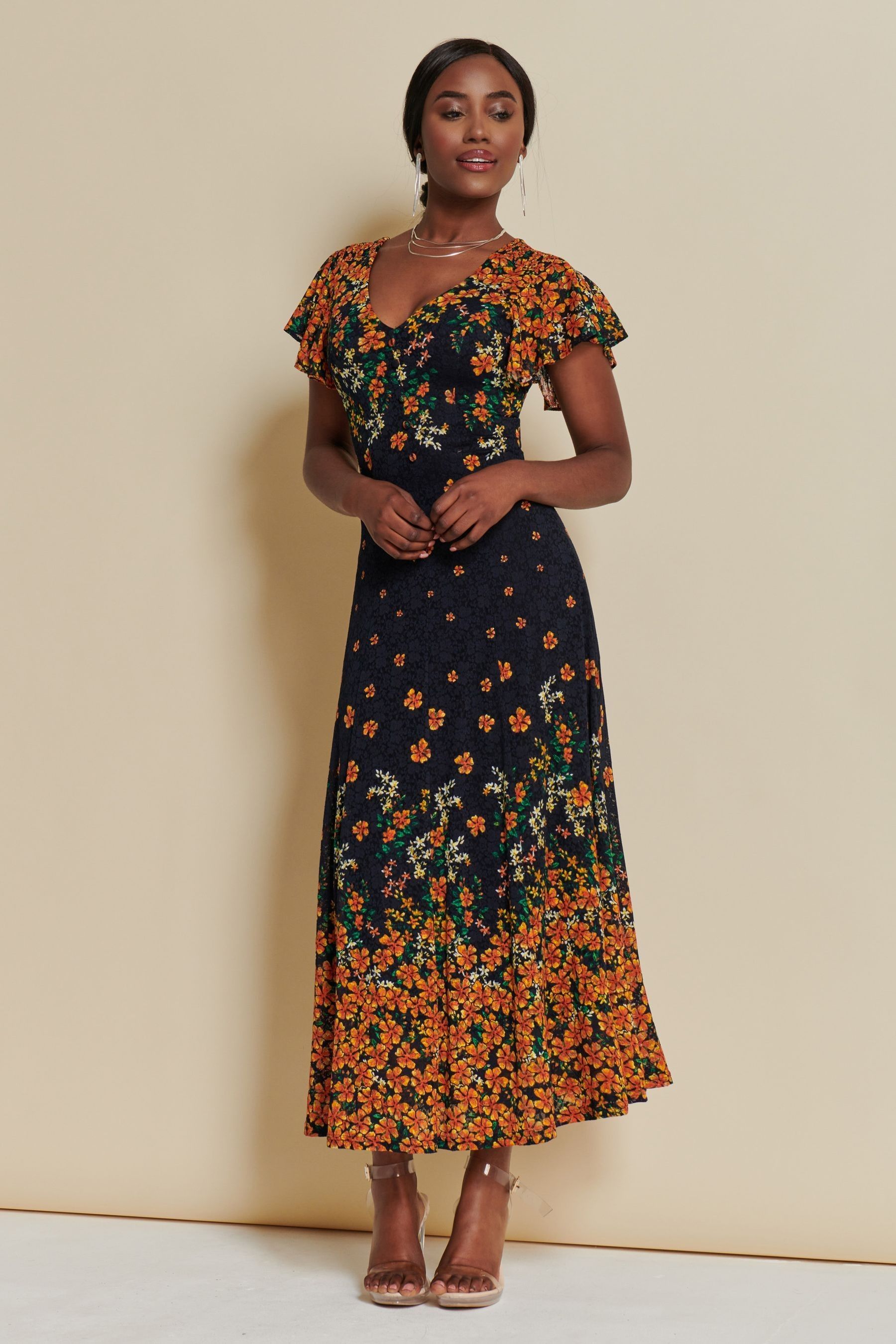 Buy Jolie Moi Orange Lace Floral Print Fit Flare Maxi Dress from Next Luxembourg