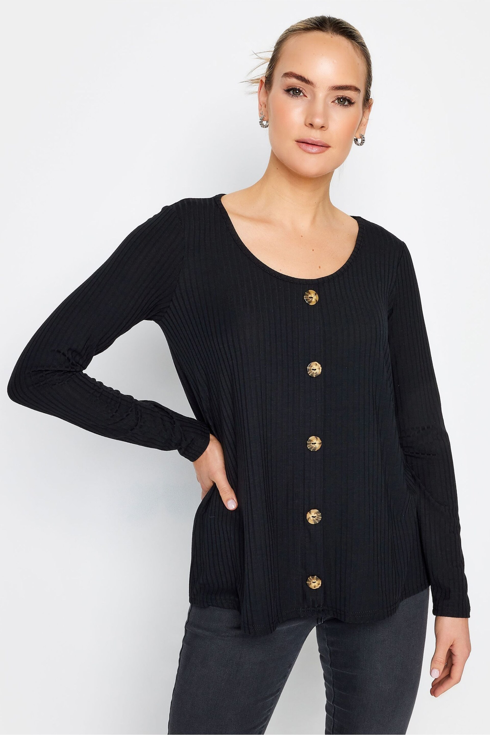 Long Tall Sally Black Scoop Long Sleeve Button Top - Image 1 of 5