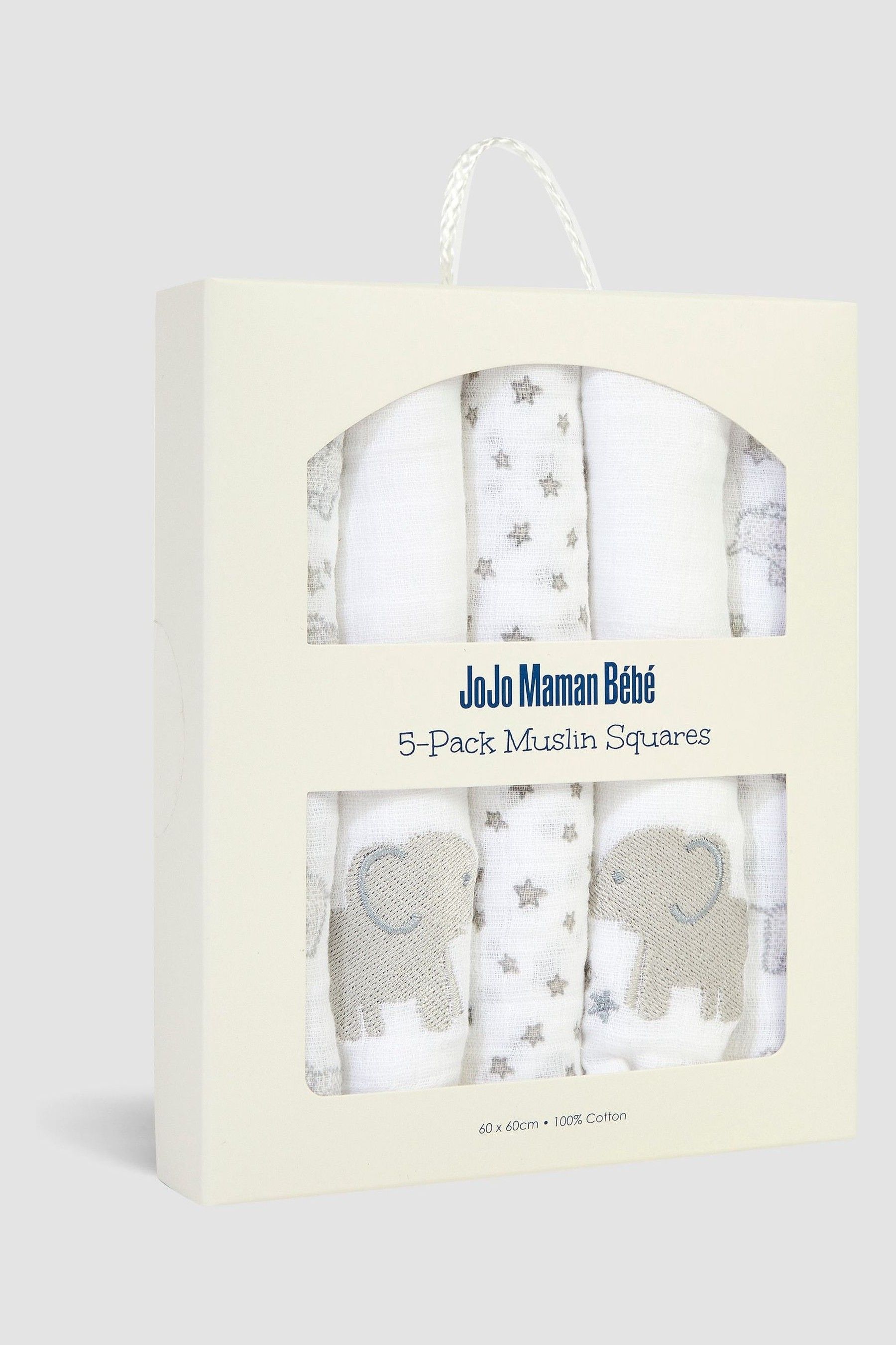 JoJo Maman Bebe Grey Elephant 5 Pack Embroidered Muslin Squares one Baby