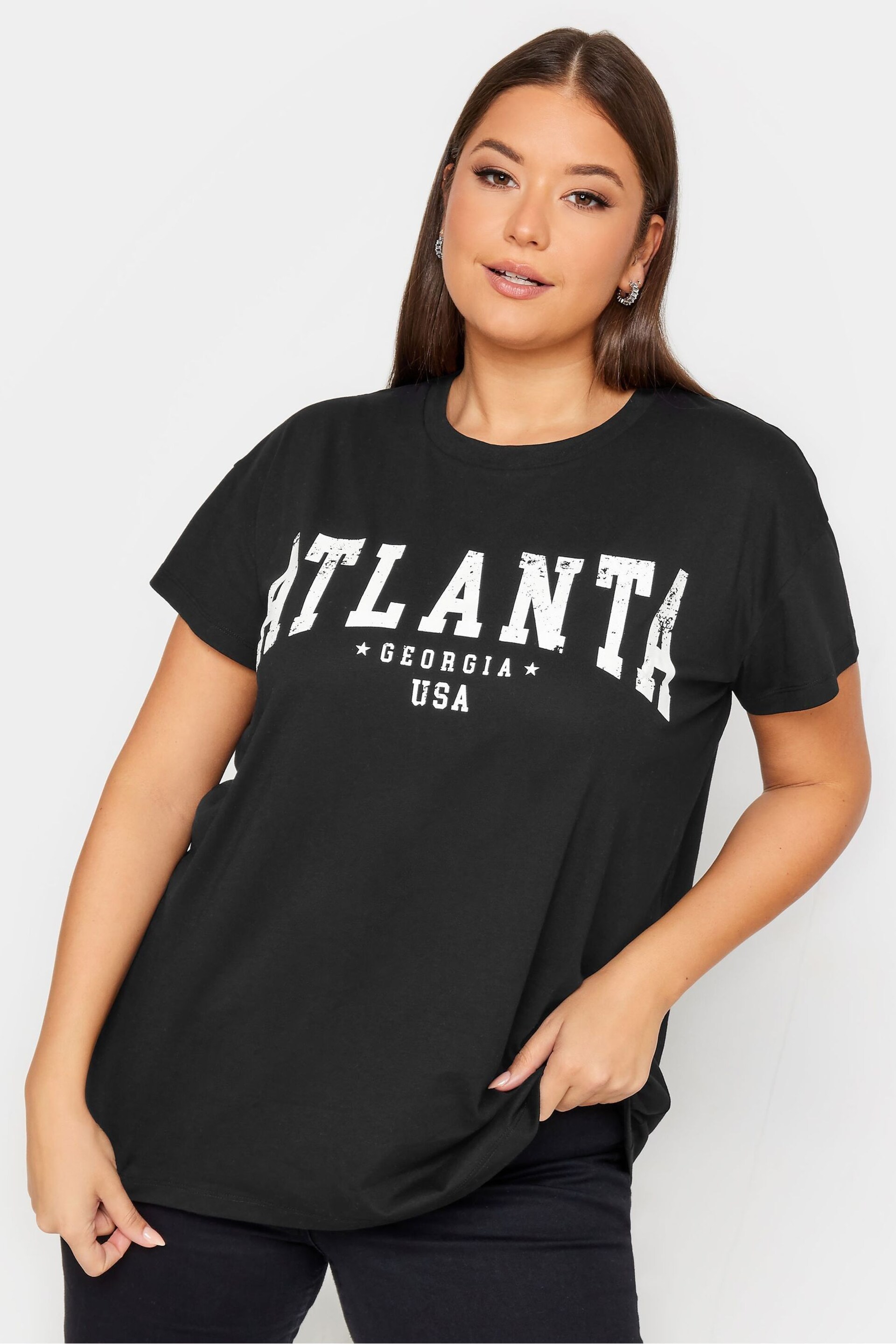 Yours Curve Black Short Sleeve Placement Print T-Shirt - Image 1 of 4