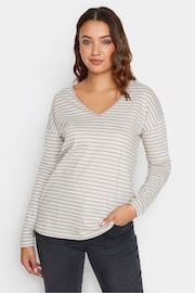 Long Tall Sally Cream 100% Cotton Long Sleeve Stripe V-Neck T-Shirt - Image 1 of 3