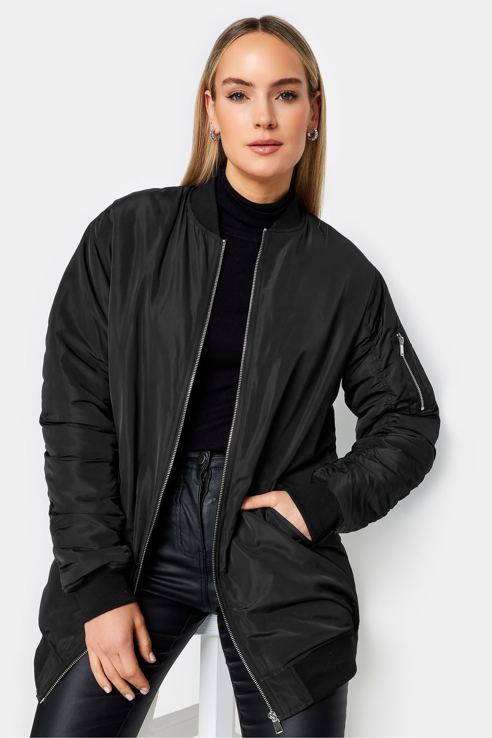 Long Tall Sally Black Tall Padded Longline Bomber Jacket - Image 4 of 4