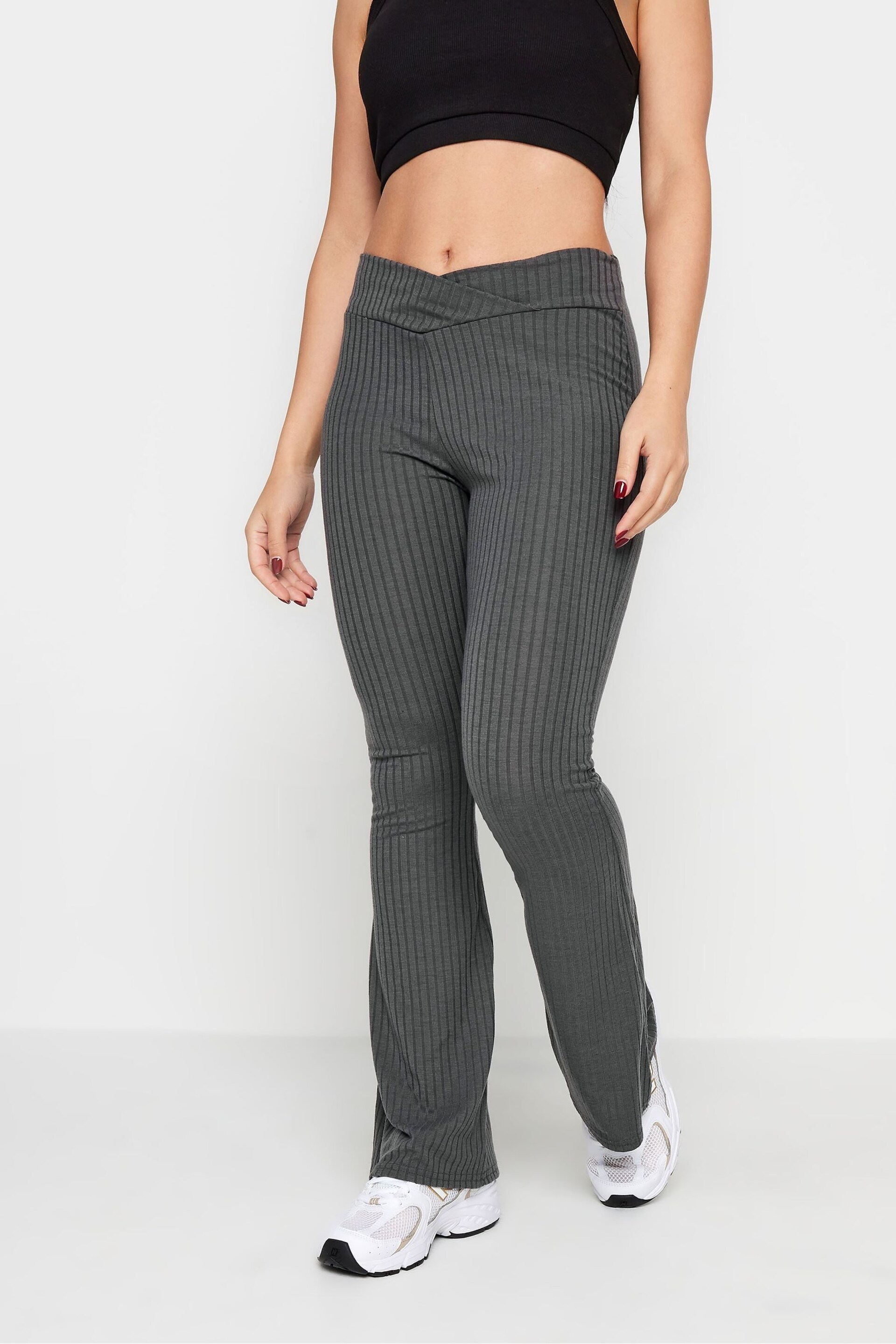 PixieGirl Petite Grey V-Front Ribbed Flare Trousers - Image 1 of 5