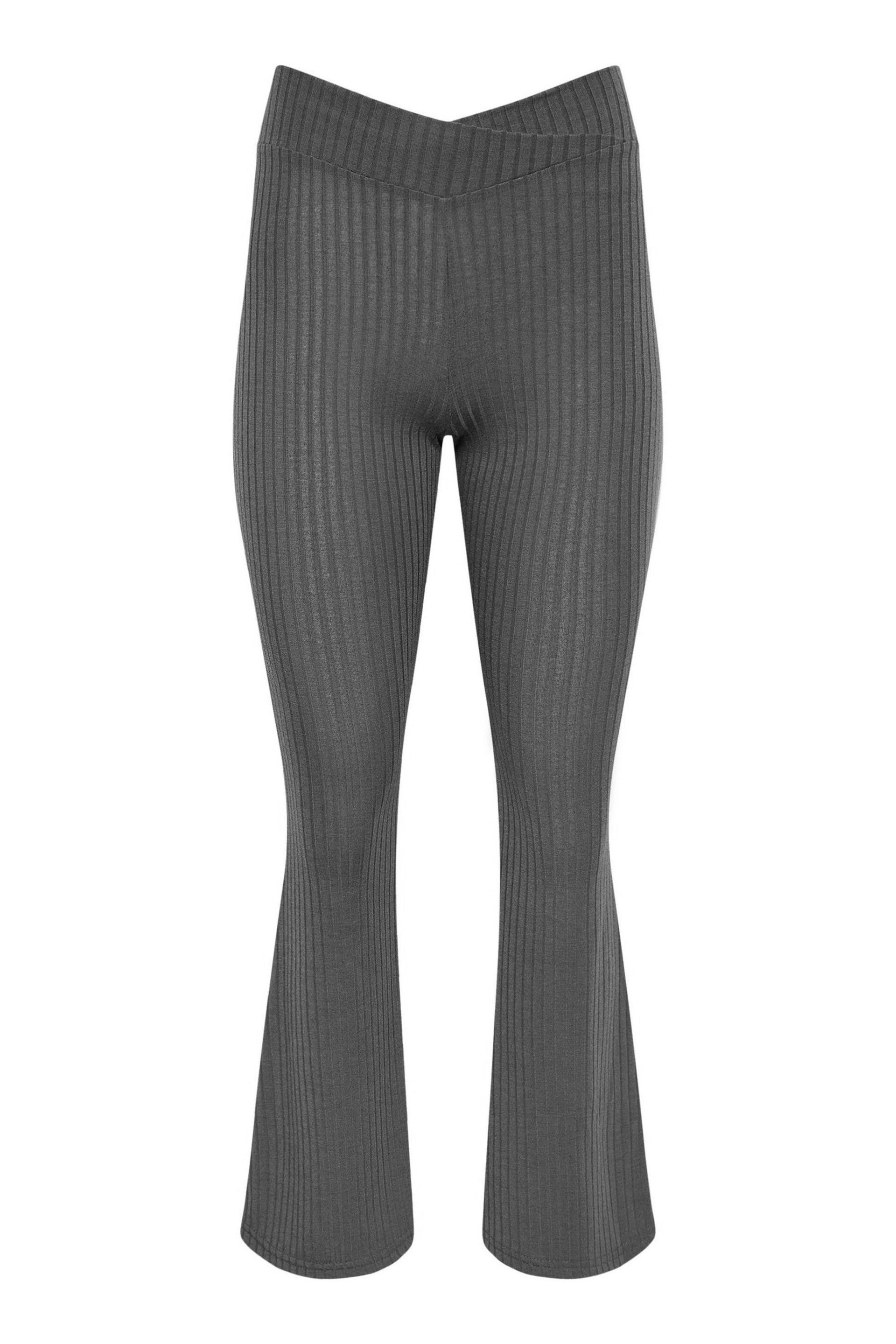 PixieGirl Petite Grey V-Front Ribbed Flare Trousers - Image 5 of 5