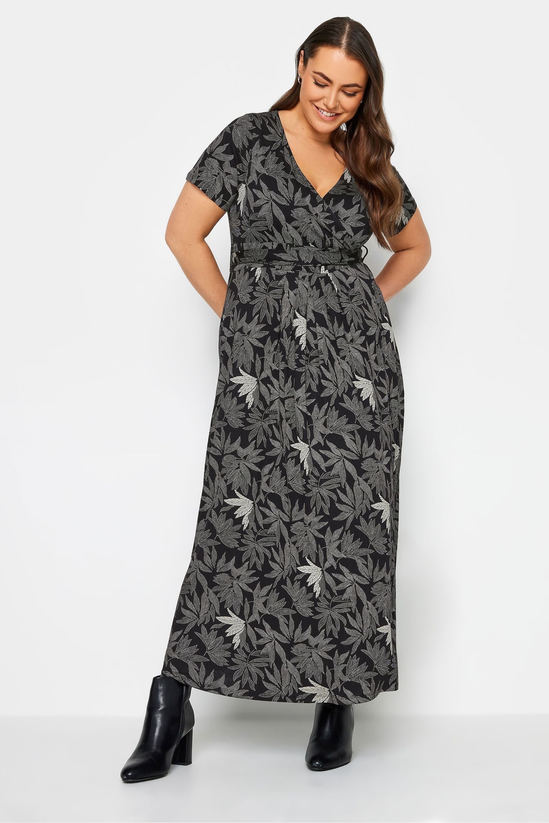 Yours Curve Black Grey Maxi Wrap Dress - Image 1 of 4