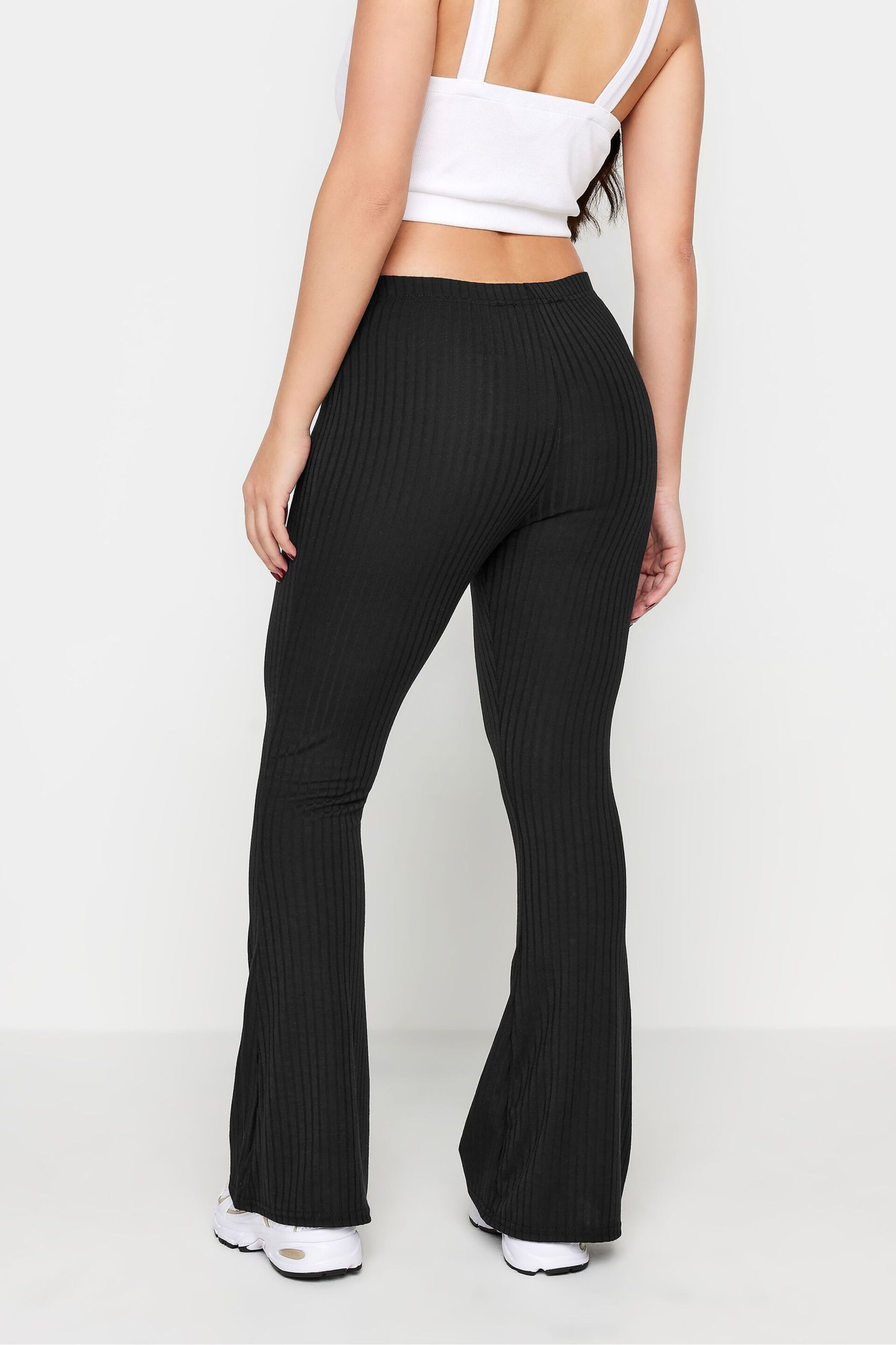 PixieGirl Petite Black V-Front Ribbed Flare Trousers - Image 2 of 6