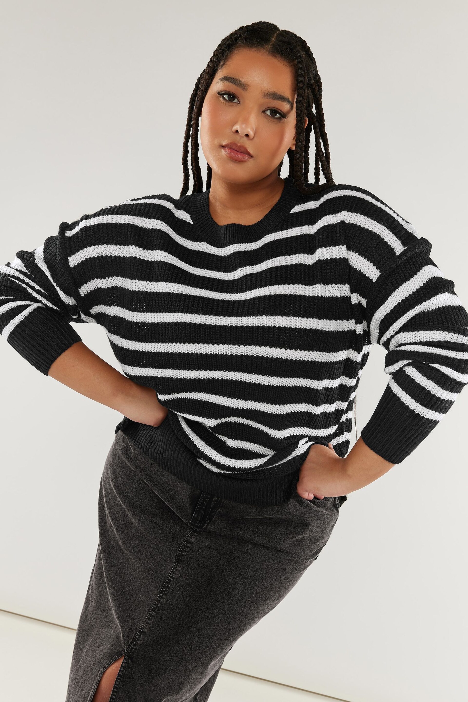 Yours Curve Black Drop Shoulder Narrow Stripe Jumper - Image 1 of 5