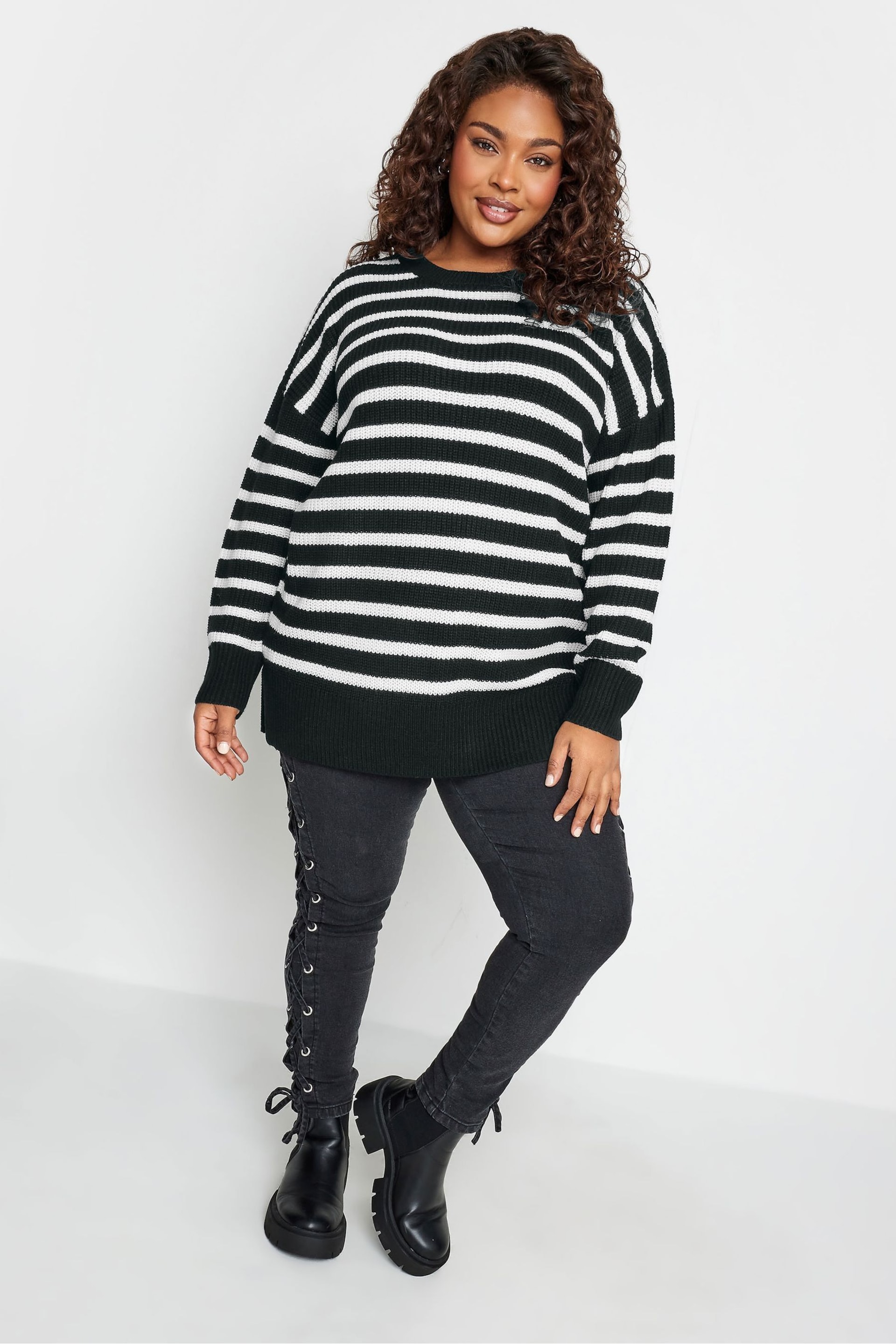 Yours Curve Black Drop Shoulder Narrow Stripe Jumper - Image 2 of 5