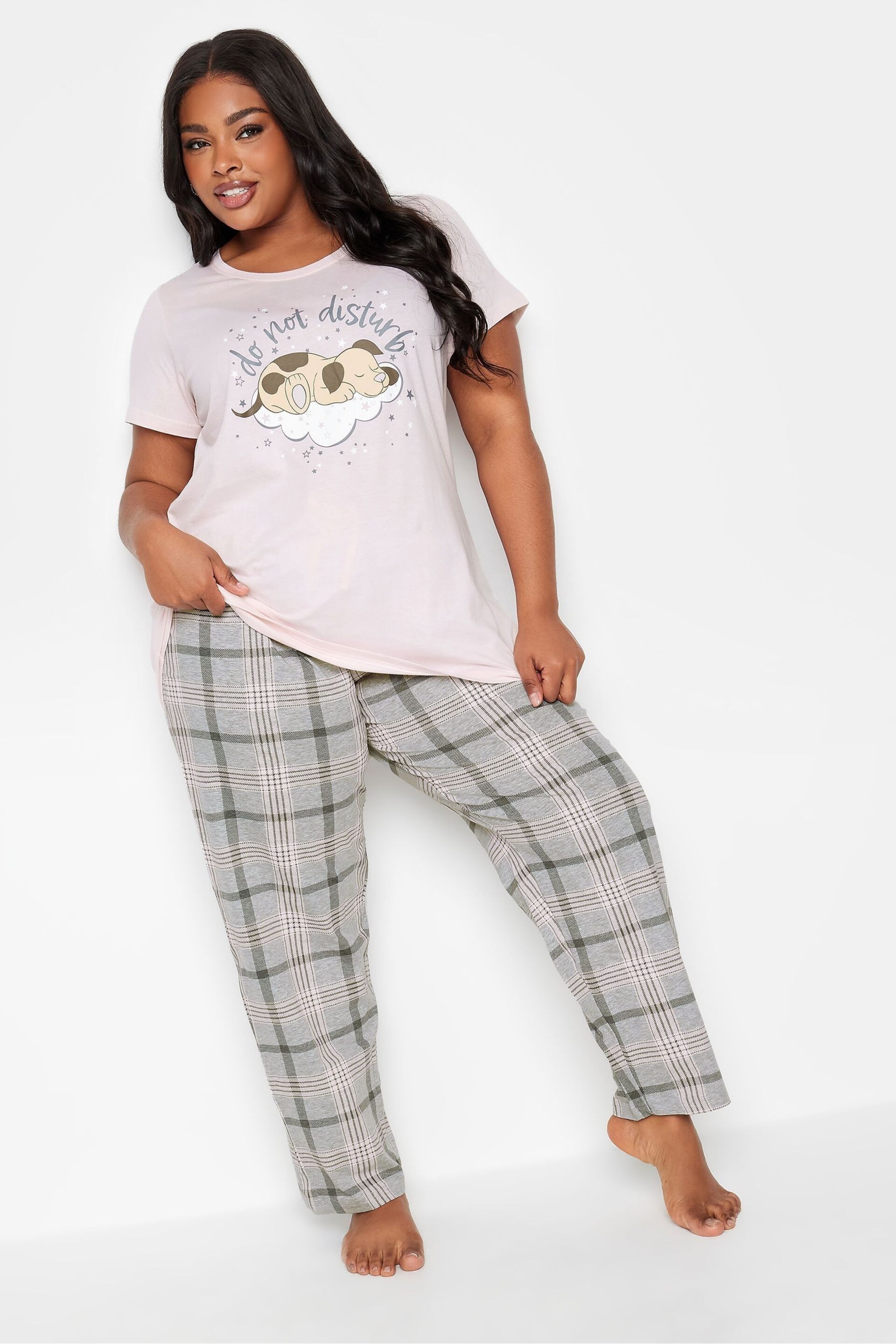 Yours Curve Cream/Grey Short Sleeve Wide Leg Pyjamas Set - Image 1 of 4