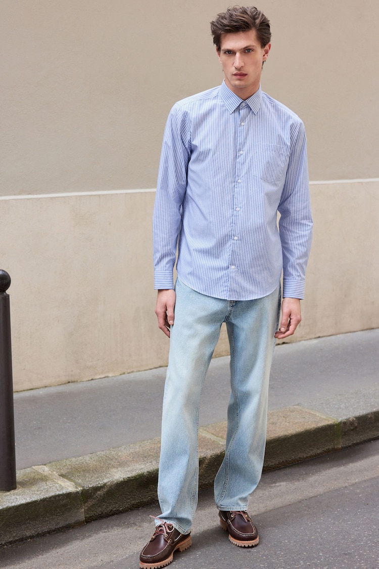 Blue/White 100% Cotton Long Sleeve Single Cuff Striped Shirt - Image 2 of 7