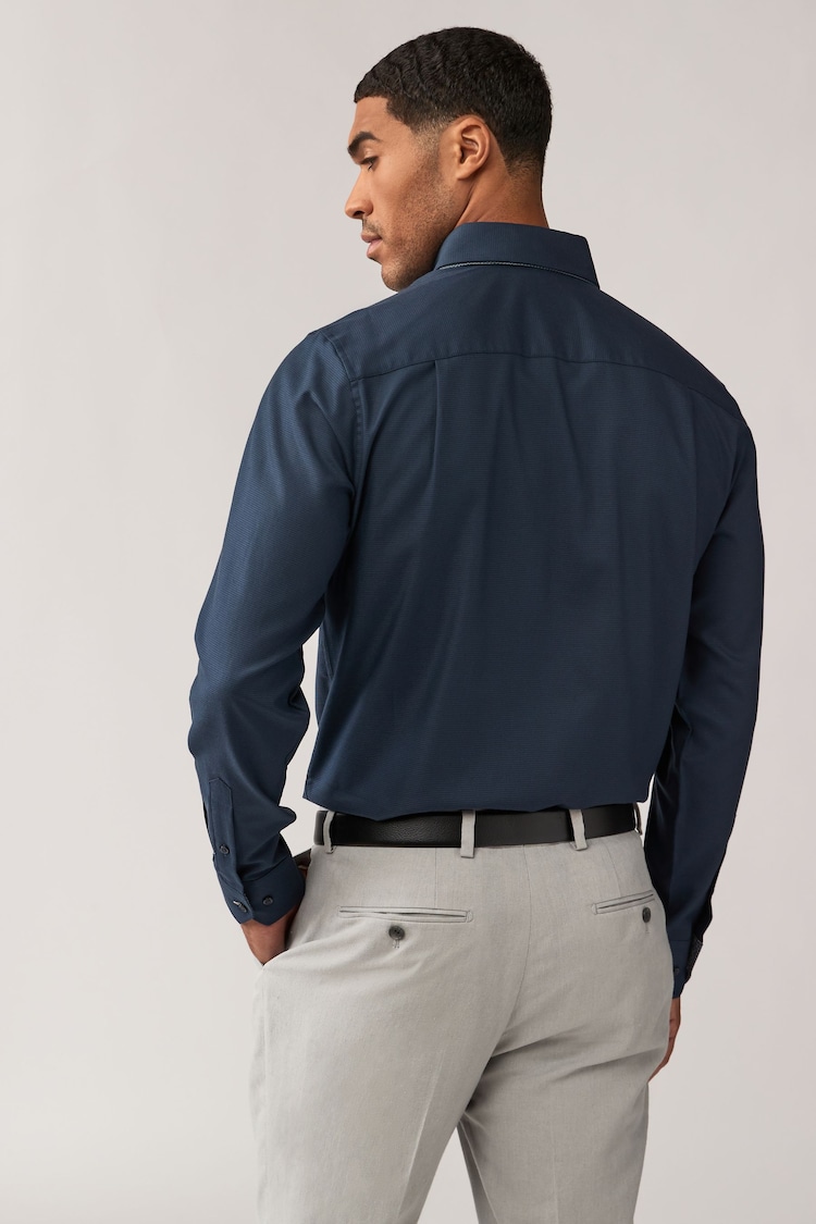 Navy Blue Double Collar Regular Fit Trimmed Formal 100% Cotton Shirt - Image 2 of 5