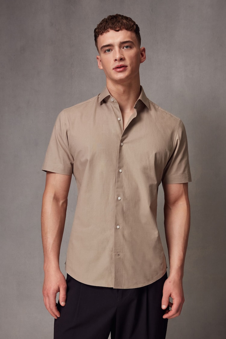 Neutral Brown Short Sleeve Linen Blend Shirt - Image 1 of 7