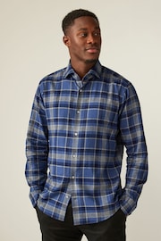 Navy Blue/Grey Tartan Regular Fit 100% Cotton Brushed Flannel Shirt With Cutaway Collar - Image 1 of 7