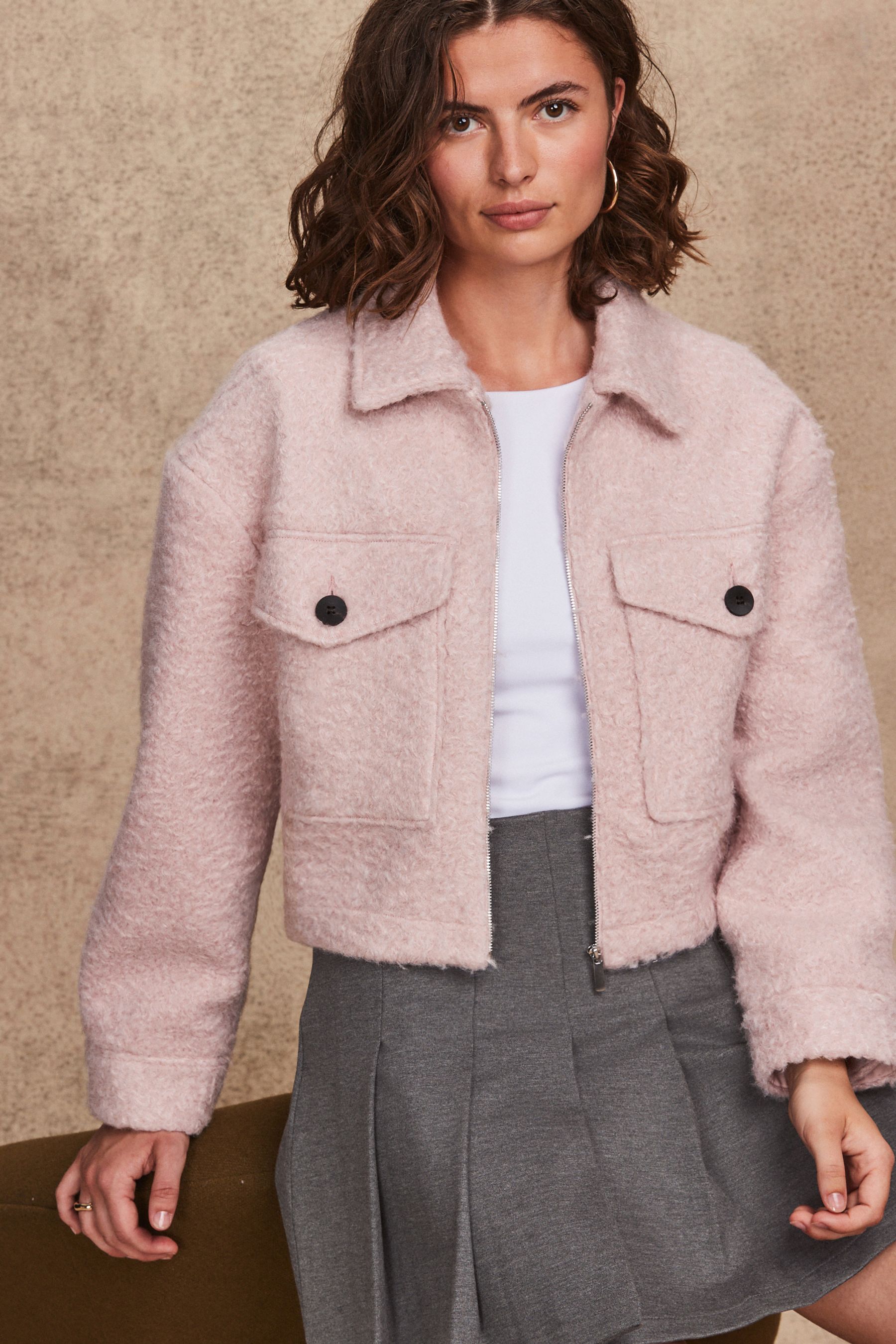 Pink Boucle Cropped Boxy Jacket
