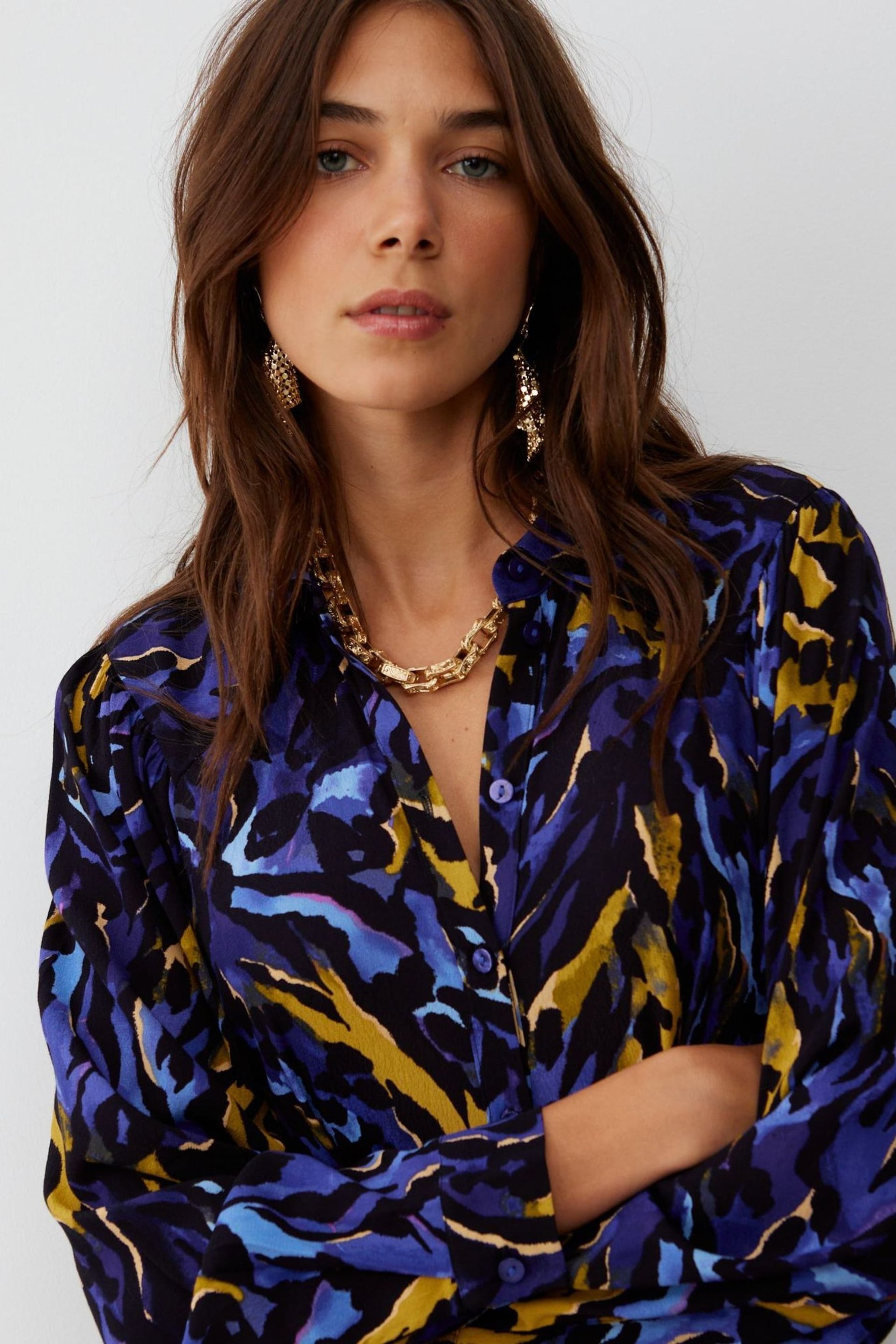 Oliver Bonas Blue Watercolour Print Midi Shirt Dress - Image 3 of 9