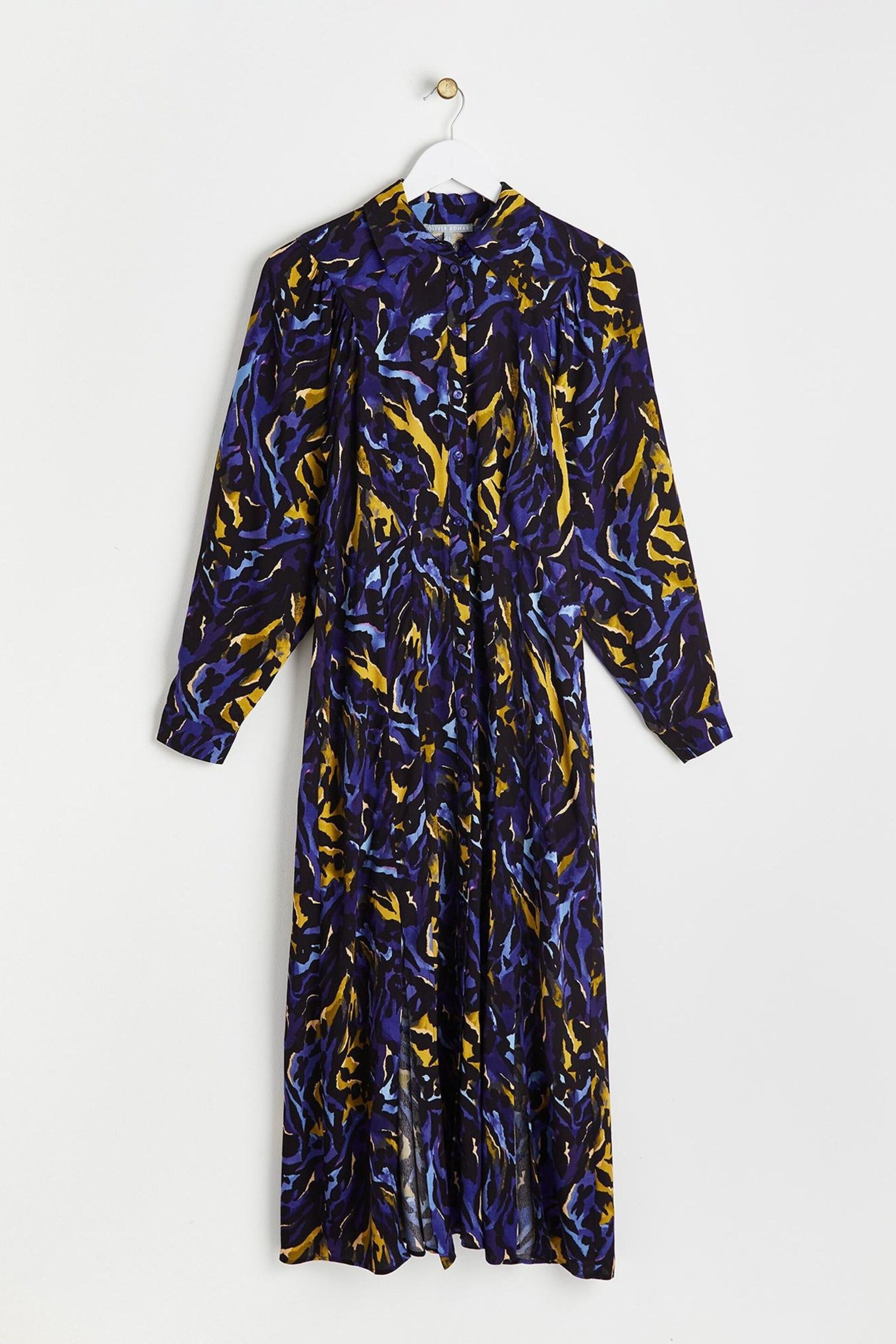 Oliver Bonas Blue Watercolour Print Midi Shirt Dress - Image 4 of 9