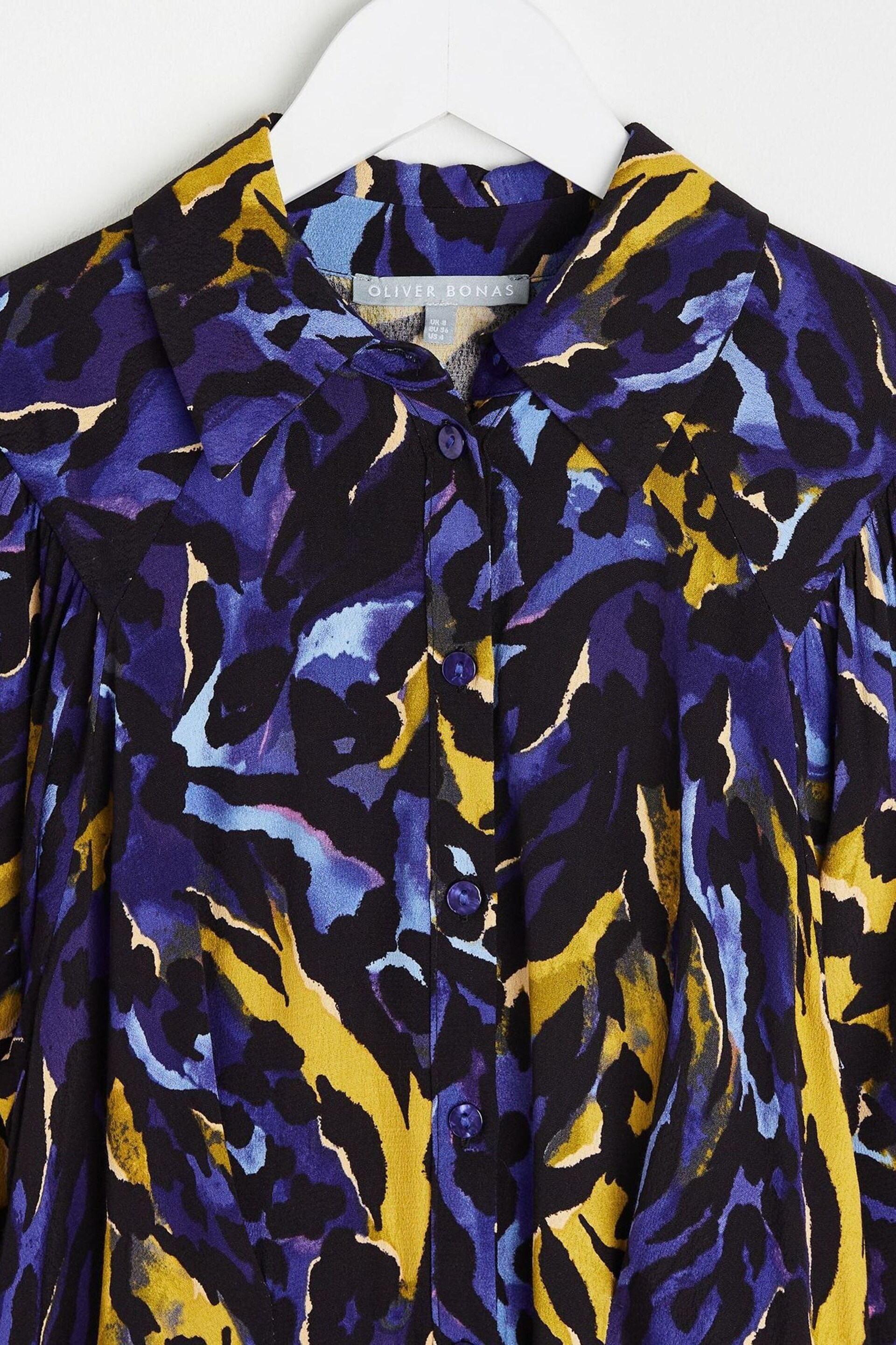 Oliver Bonas Blue Watercolour Print Midi Shirt Dress - Image 7 of 9