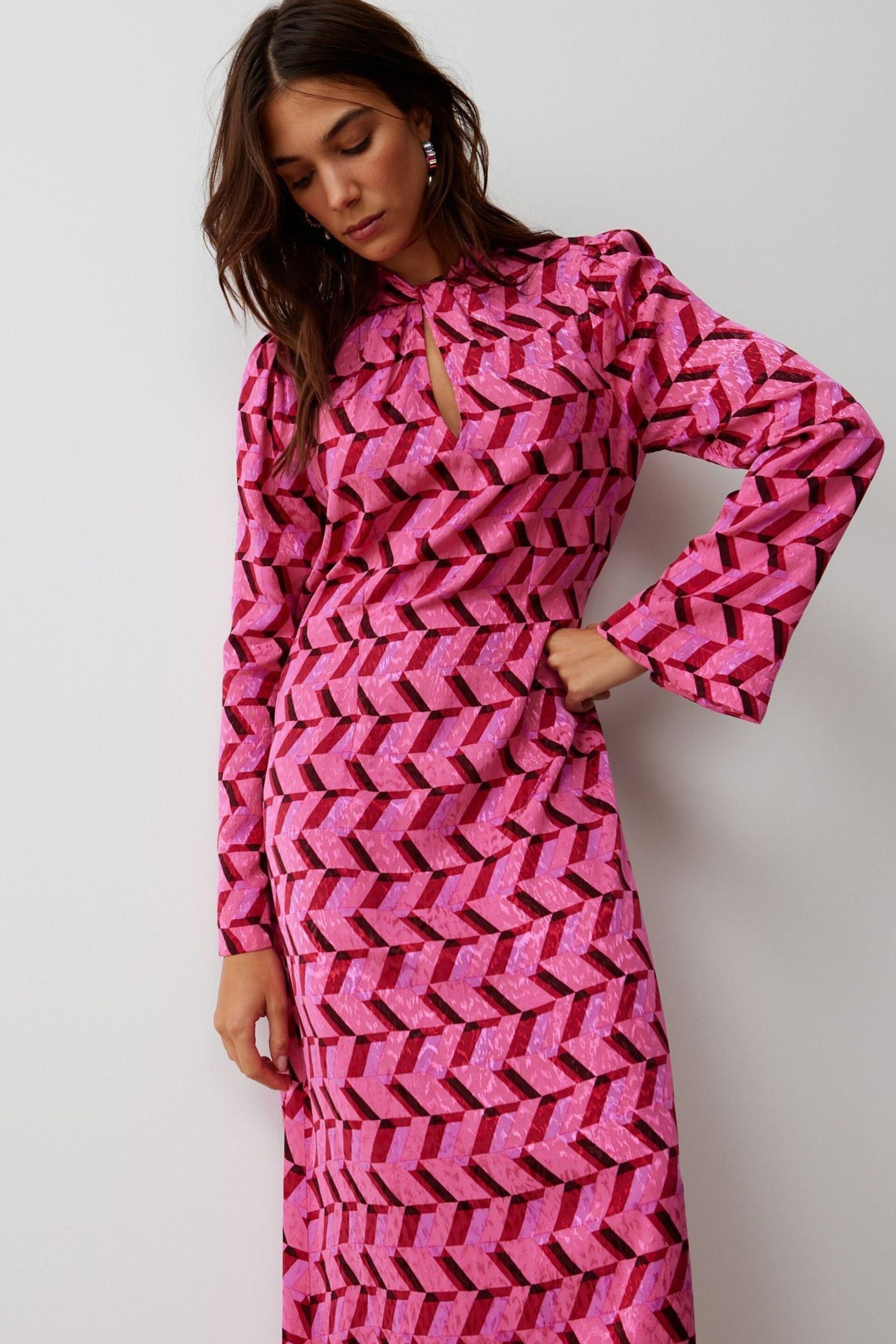 Oliver Bonas Pink Geometric Knot Front Midi Dress - Image 2 of 8