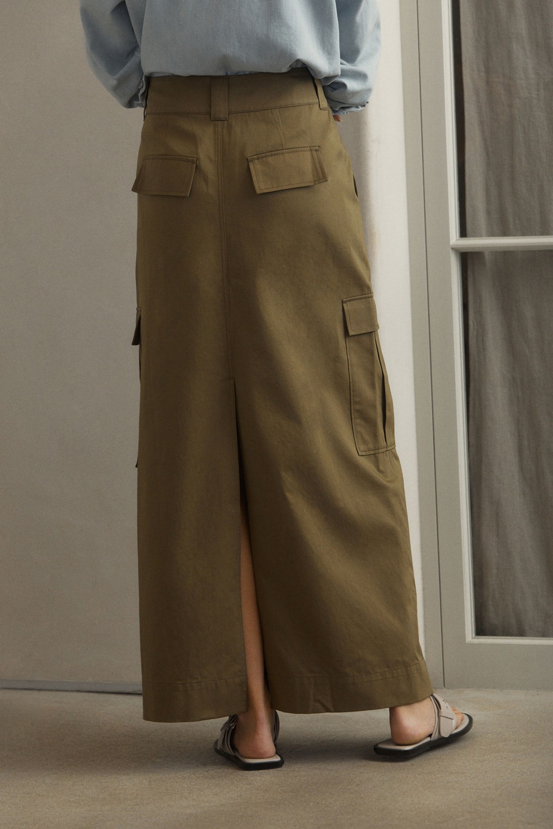 Khaki Green Utility Midi Skirt - Image 3 of 6