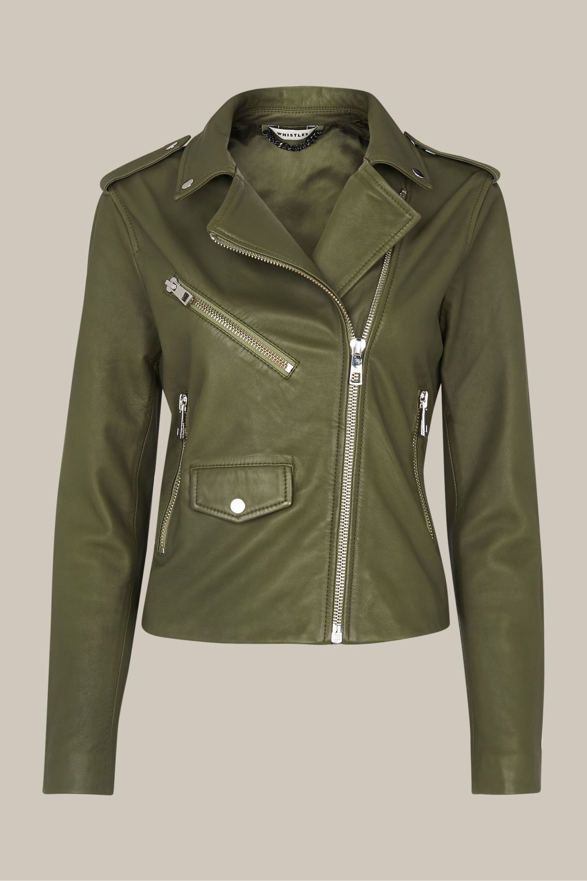 Whistles Green Agnes Pocket Leather Jacket - Image 4 of 4