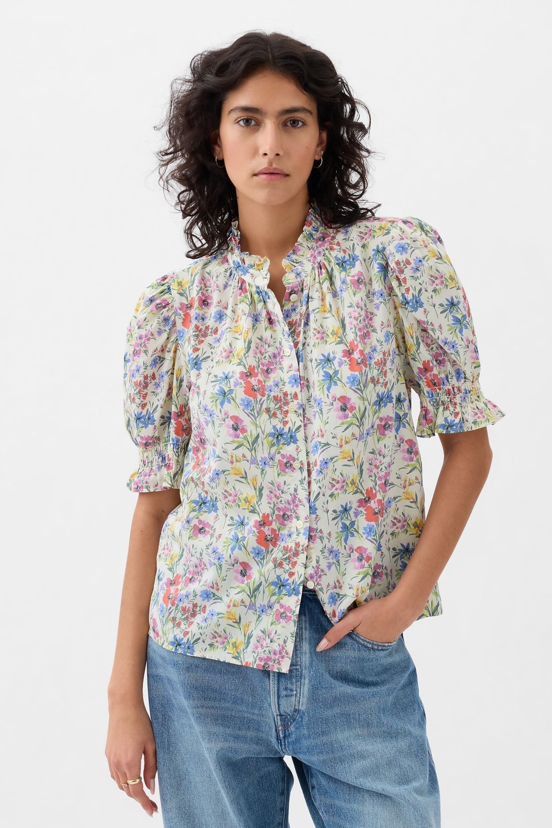 Gap White Floral High Neck Puff Sleeve Button Shirt - Image 1 of 4