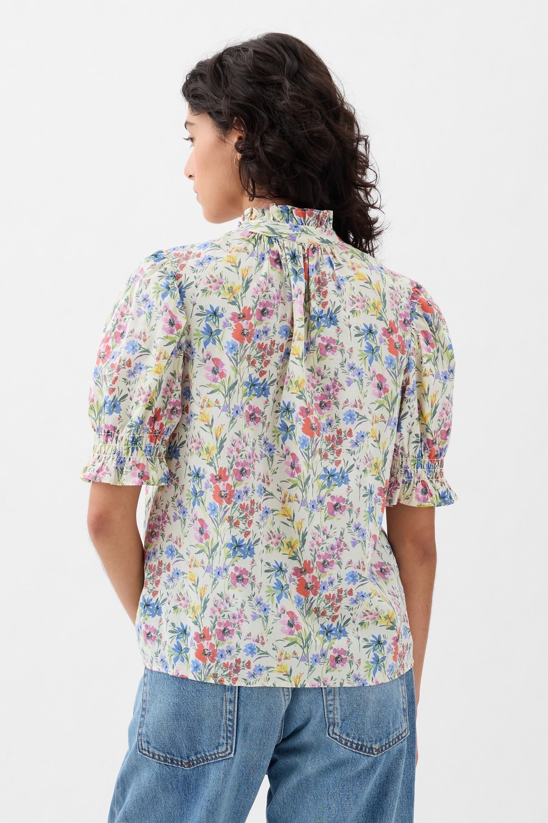 Gap White Floral High Neck Puff Sleeve Button Shirt - Image 2 of 4