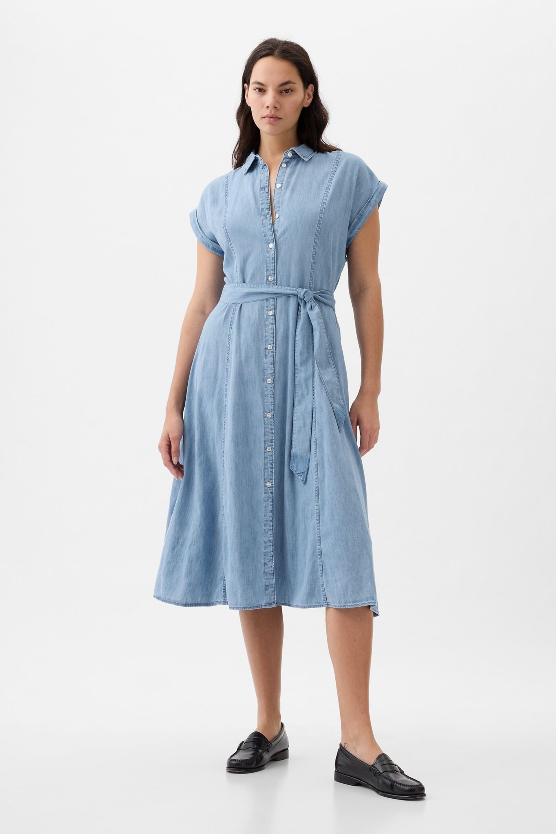 Gap Blue Denim Tie Waist Midi Shirt Dress - Image 1 of 5