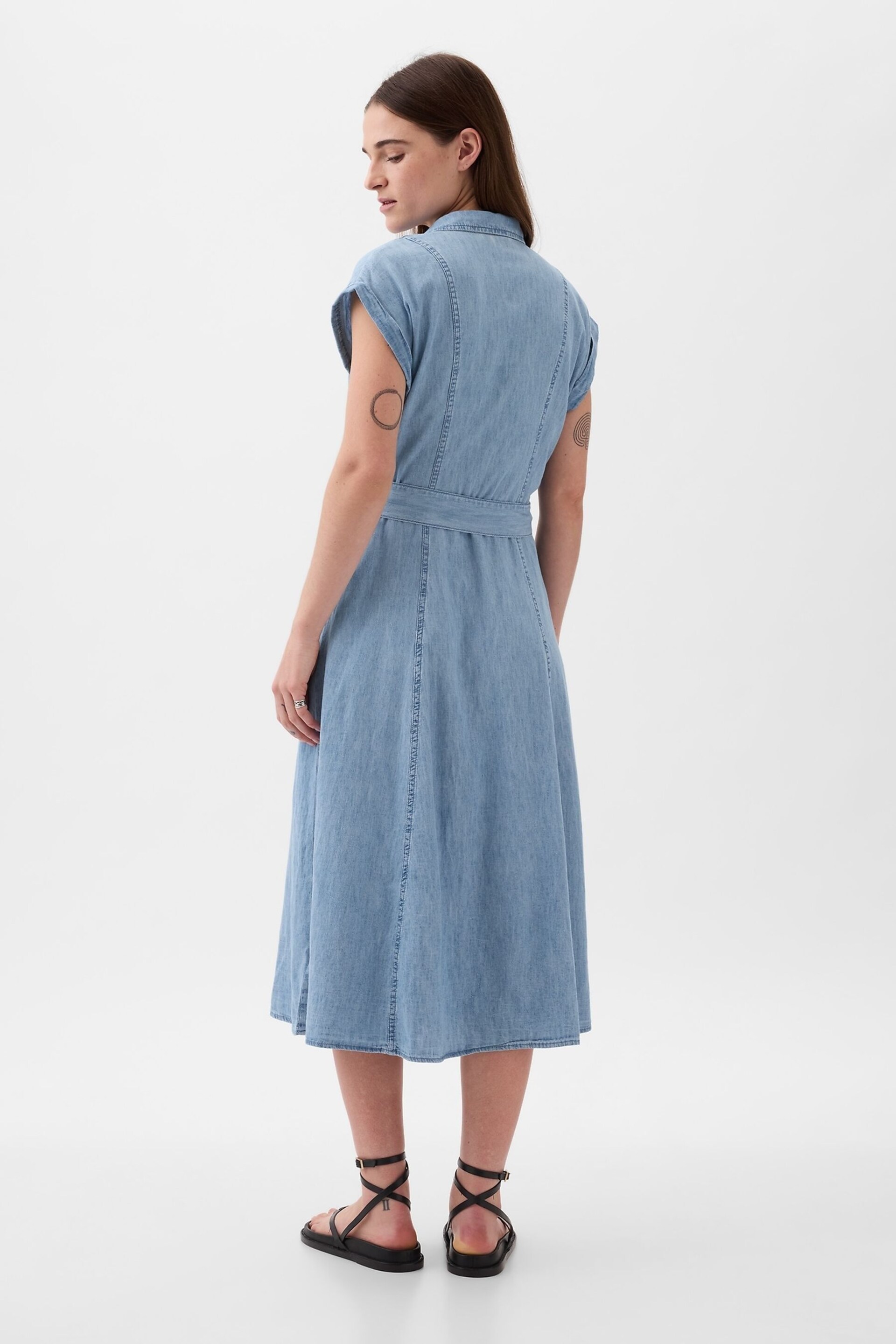 Gap Blue Denim Tie Waist Midi Shirt Dress - Image 2 of 5
