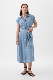 Gap Blue Denim Tie Waist Midi Shirt Dress - Image 3 of 5