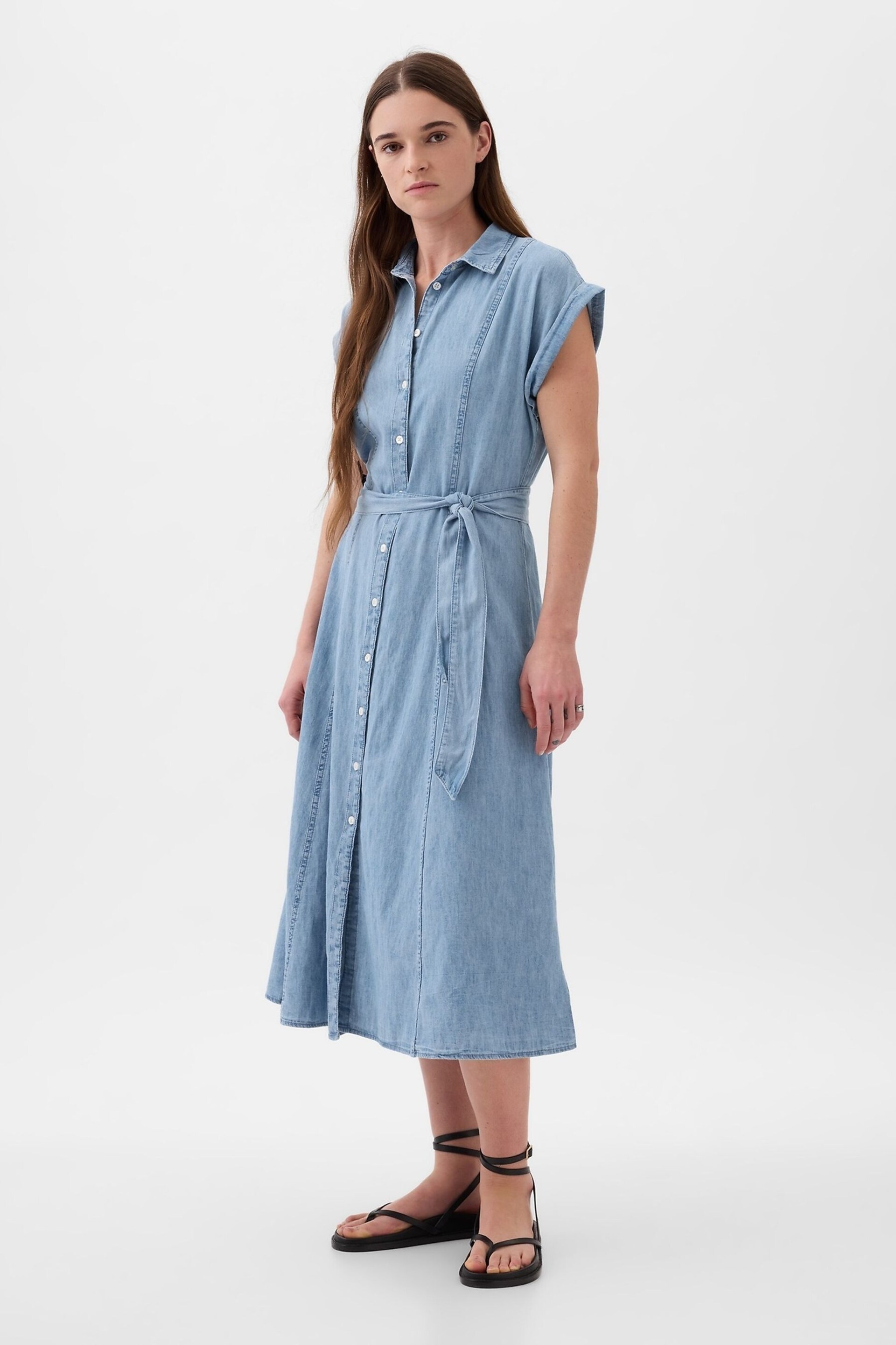 Gap Blue Denim Tie Waist Midi Shirt Dress - Image 5 of 5