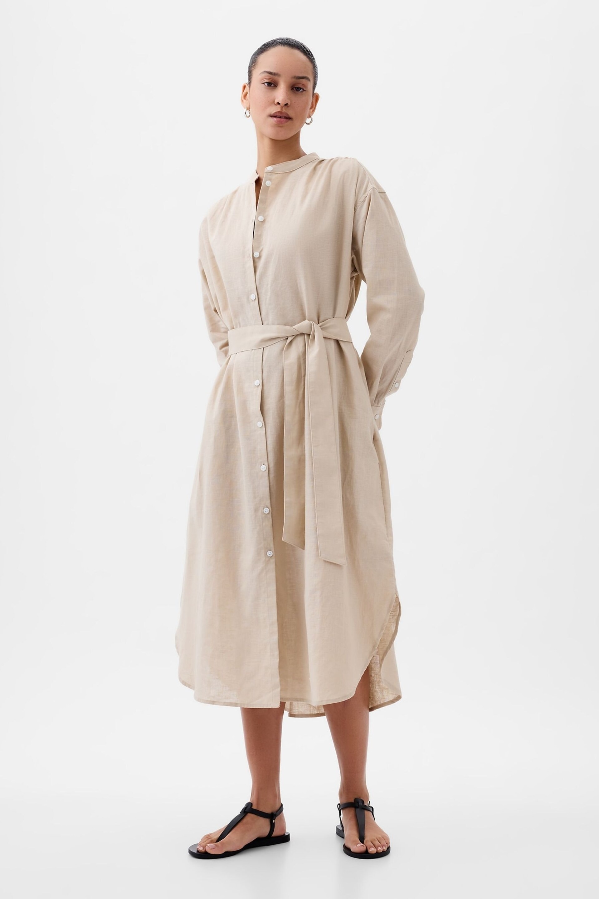 Gap Neutral Linen Blend Long Sleeve Shirt Dress - Image 1 of 5