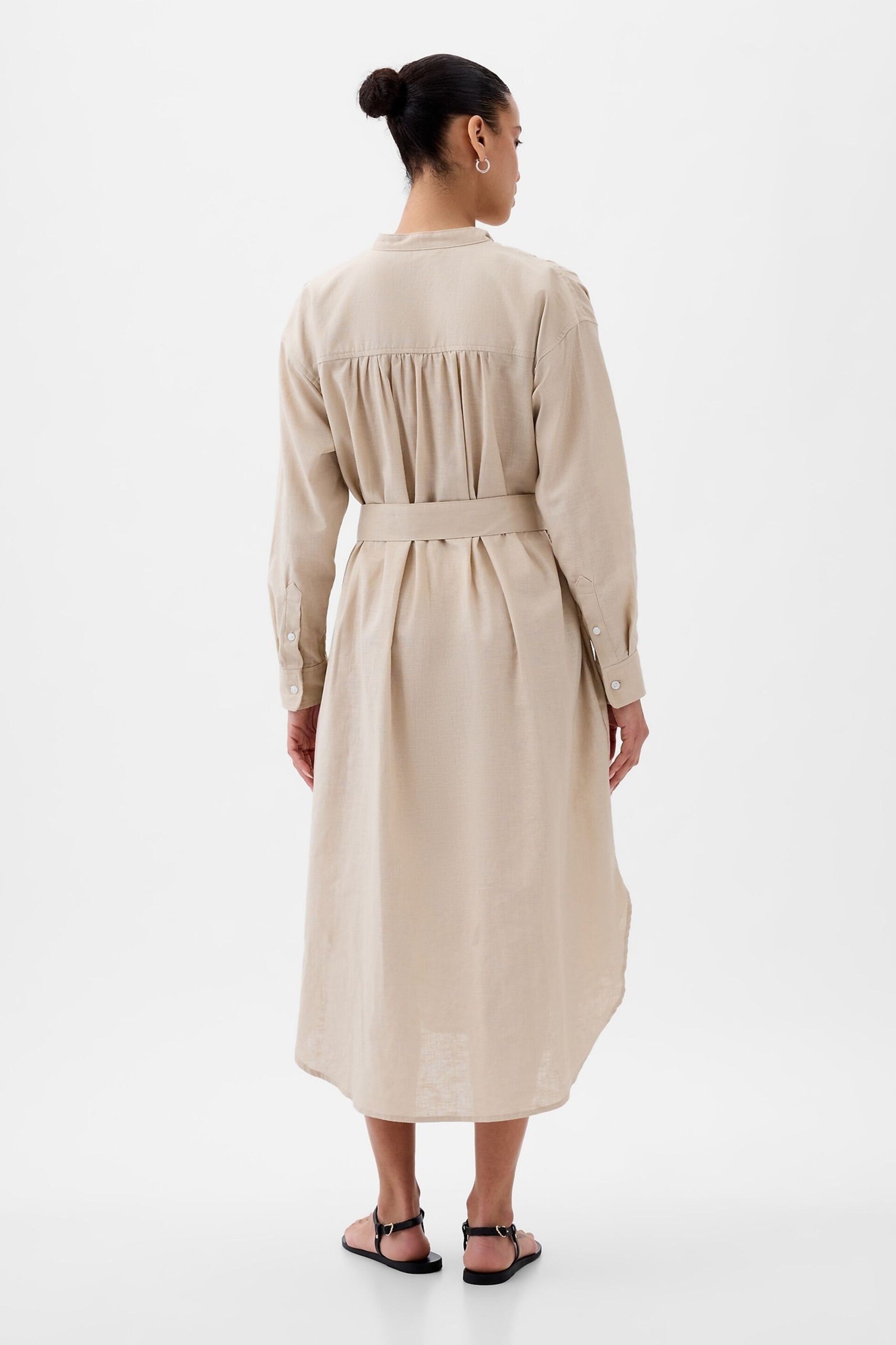 Gap Neutral Linen Blend Long Sleeve Shirt Dress - Image 2 of 5