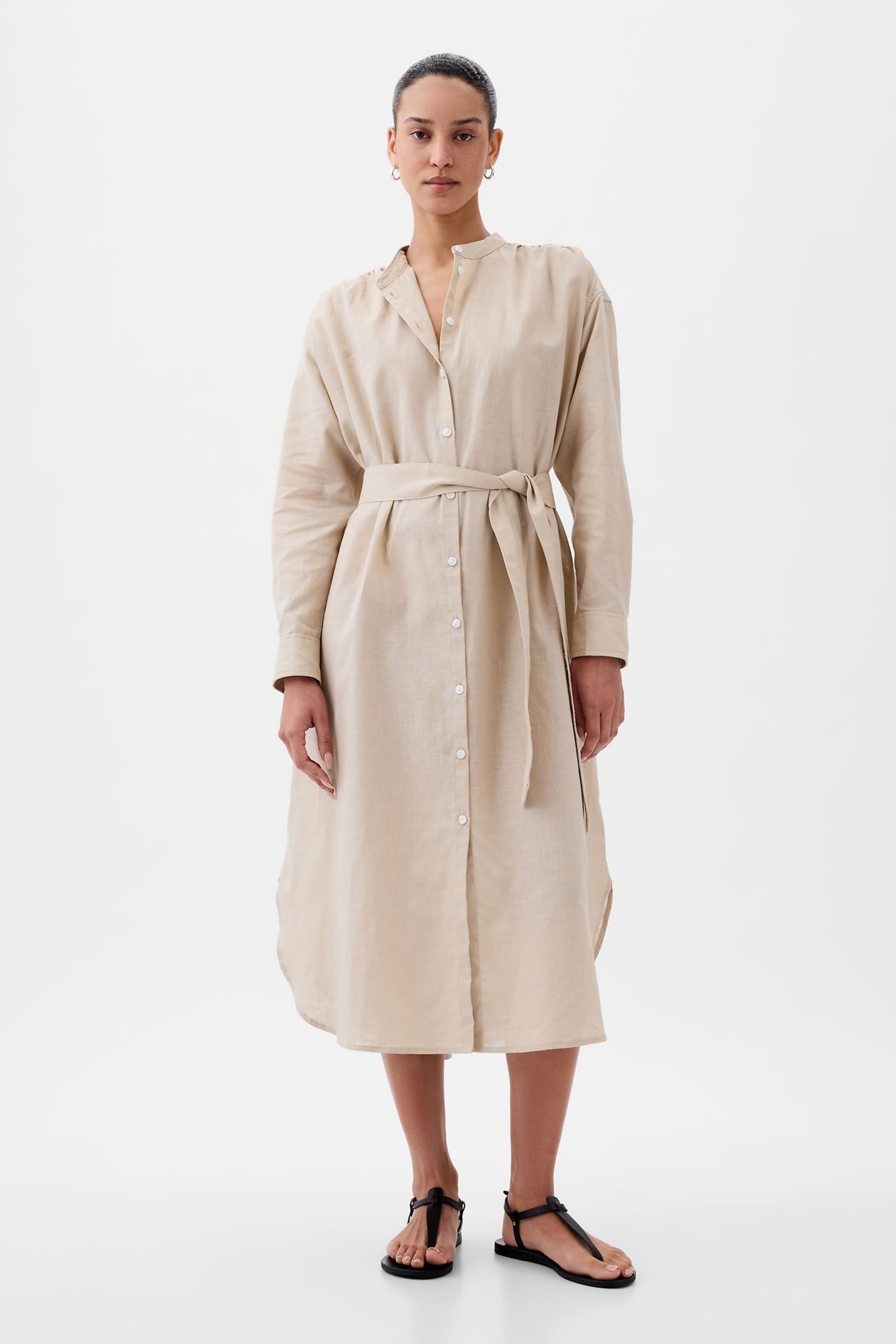 Gap Neutral Linen Blend Long Sleeve Shirt Dress - Image 3 of 5