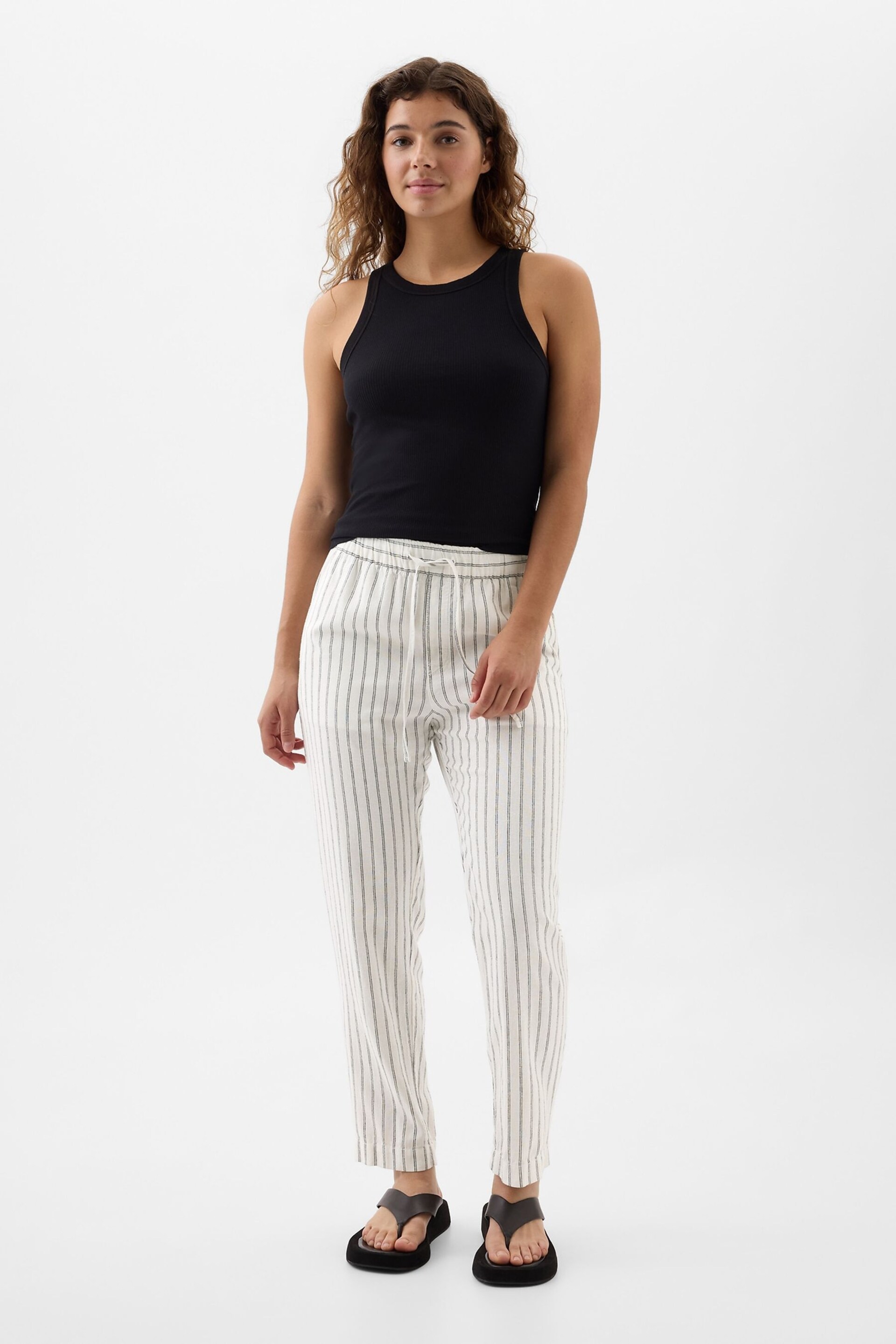 Gap Black/White Linen Cotton Pull On Taper Trousers - Image 1 of 2