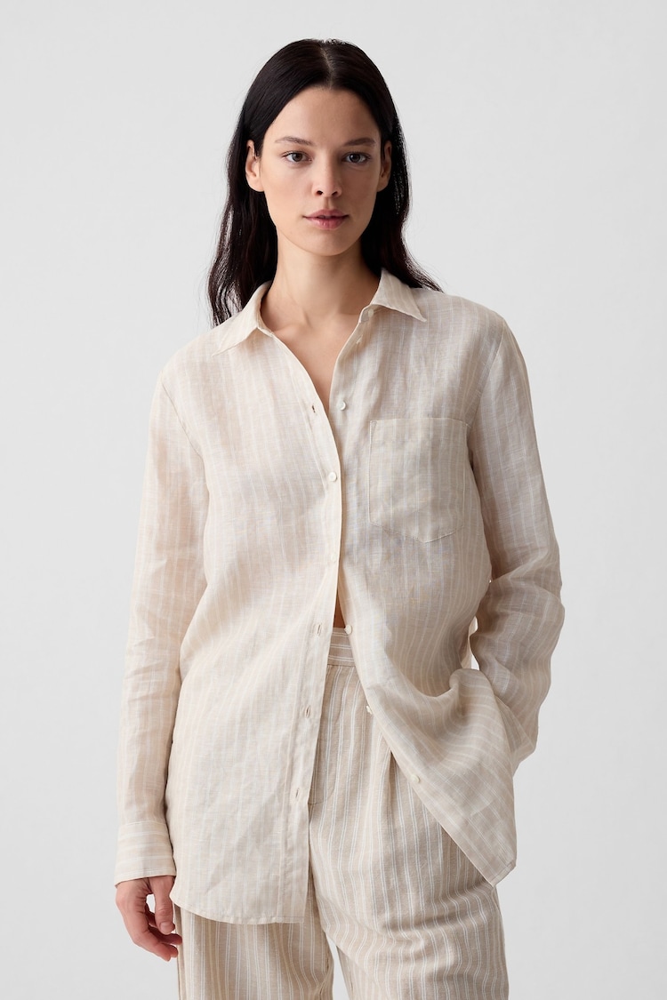 Gap Cream Stripe 100% Linen Long Sleeve Oversized Shirt - Image 1 of 6