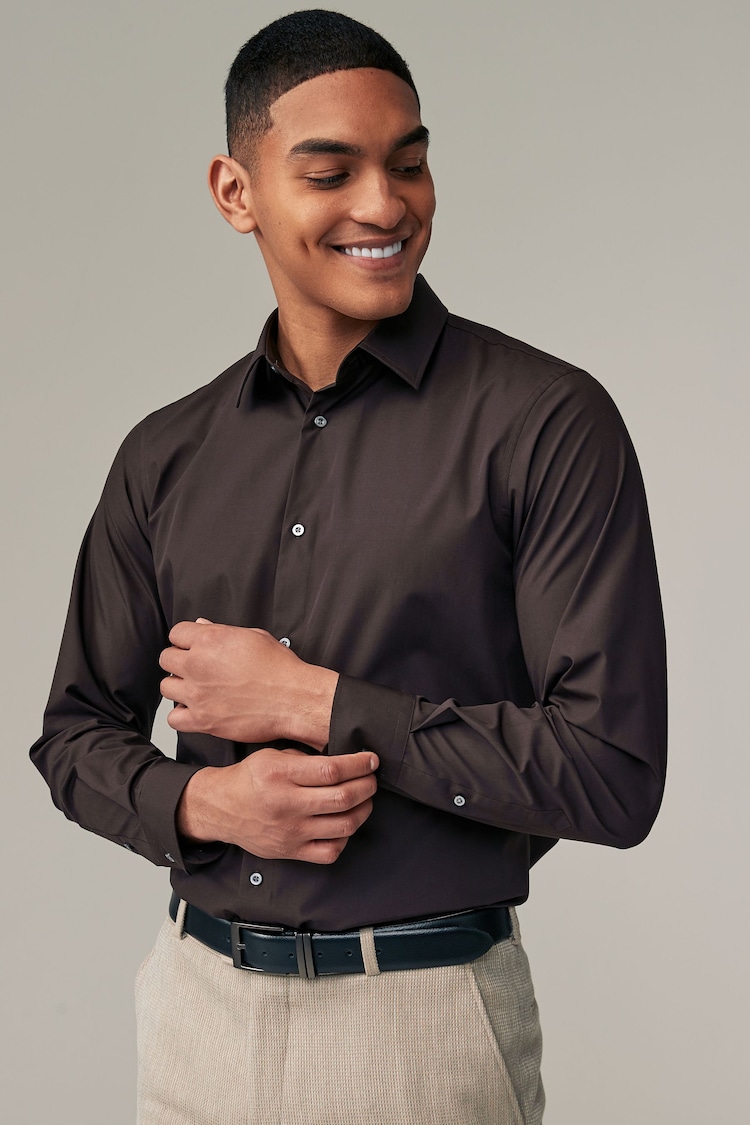 Chocolate Brown Regular Fit Easy Care Single Cuff Shirt - Image 1 of 7