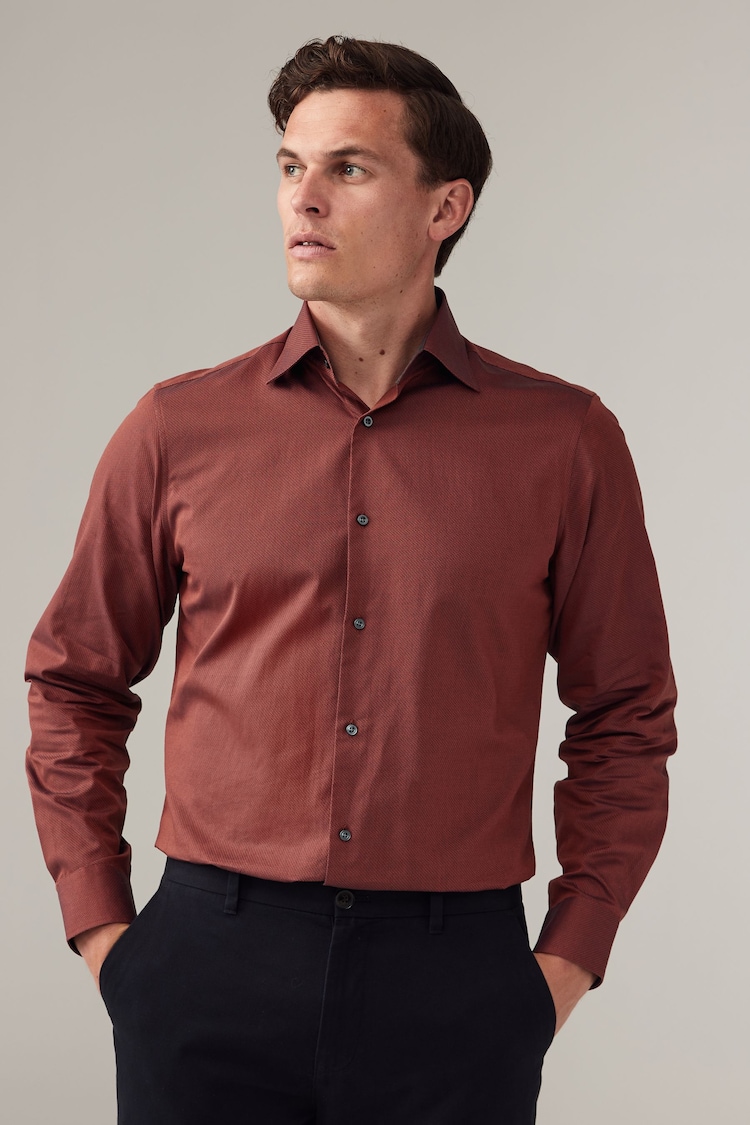 Rust Brown Regular Fit Trimmed 100% Cotton Texture Long Sleeve Single Cuff Shirt - Image 1 of 7