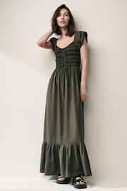 Khaki Green Shirred Cotton Midi Dress - Image 1 of 6