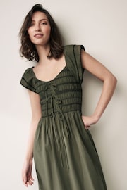 Khaki Green Shirred Cotton Midi Dress - Image 2 of 6