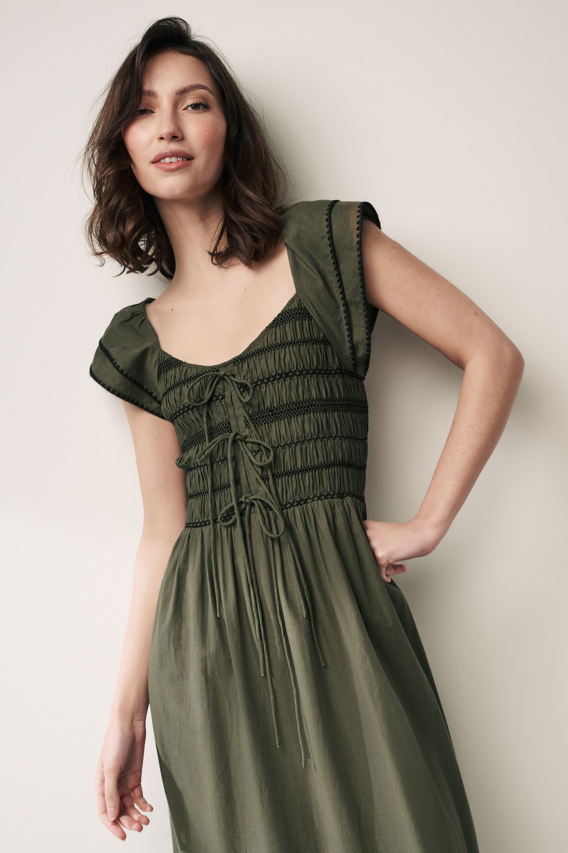 Khaki Green Shirred Cotton Midi Dress - Image 2 of 6