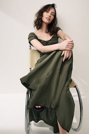 Khaki Green Shirred Cotton Midi Dress - Image 3 of 6