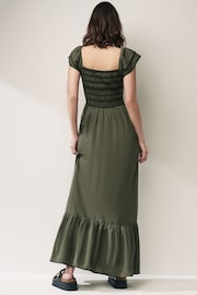 Khaki Green Shirred Cotton Midi Dress - Image 4 of 6