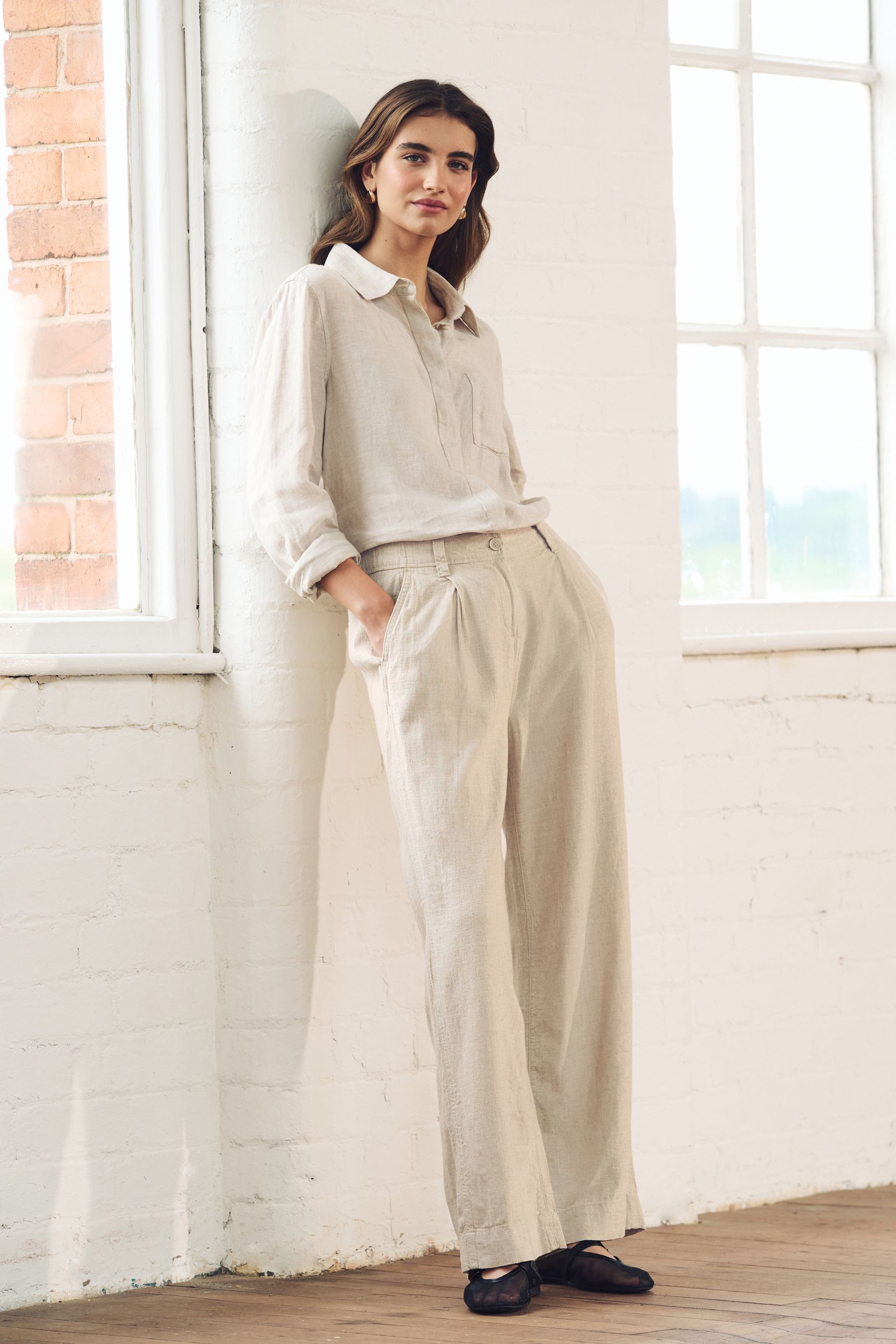 Buy Natural Linen Blend Wide Leg Trousers from Next Luxembourg