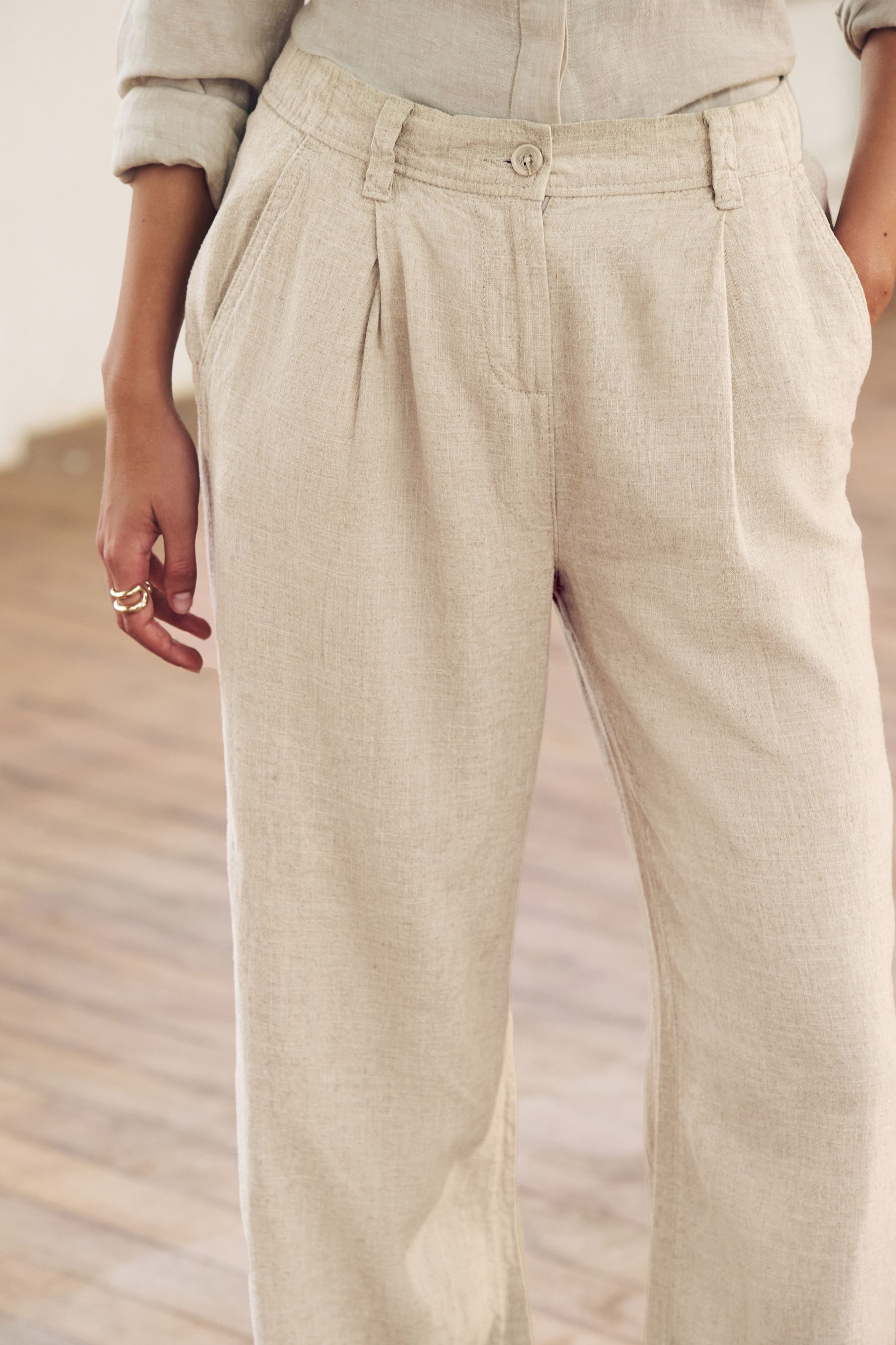 Natural Linen Blend Wide Leg Trousers