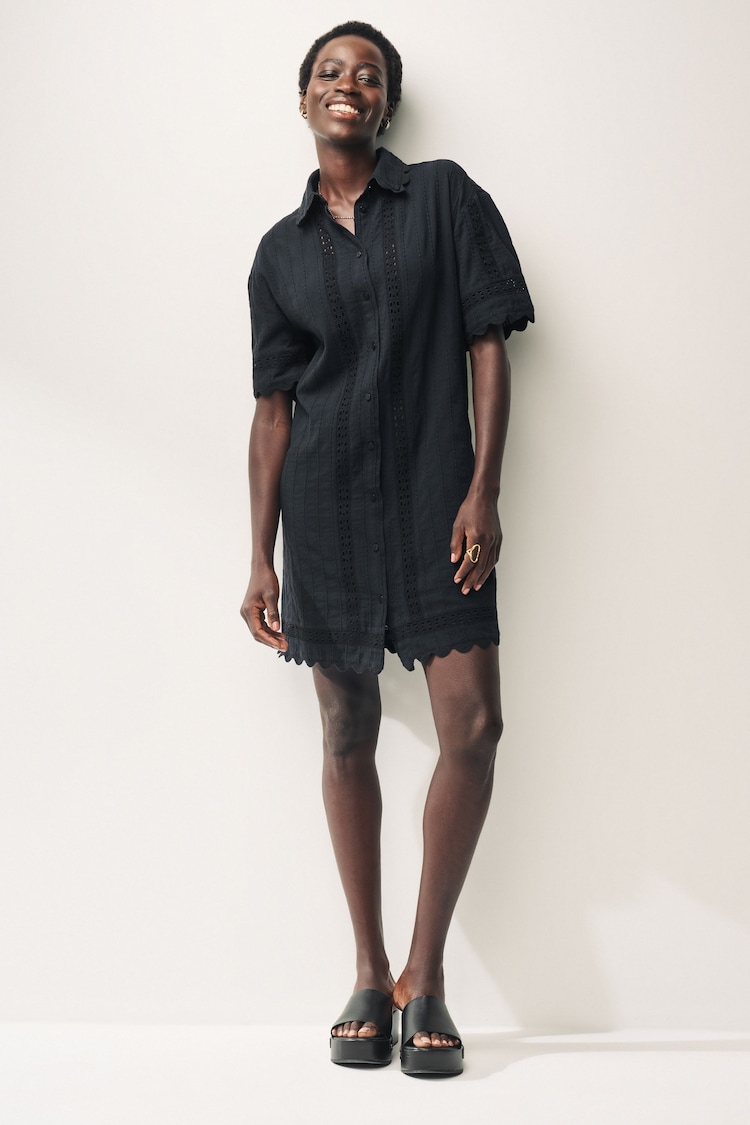 Black Mini 100% Cotton Broderie Shirt Dress - Image 1 of 4