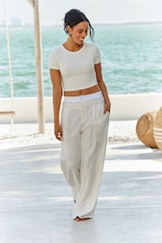 Ecru Linen Blend Double Waistband Wide Leg Trousers - Image 2 of 11